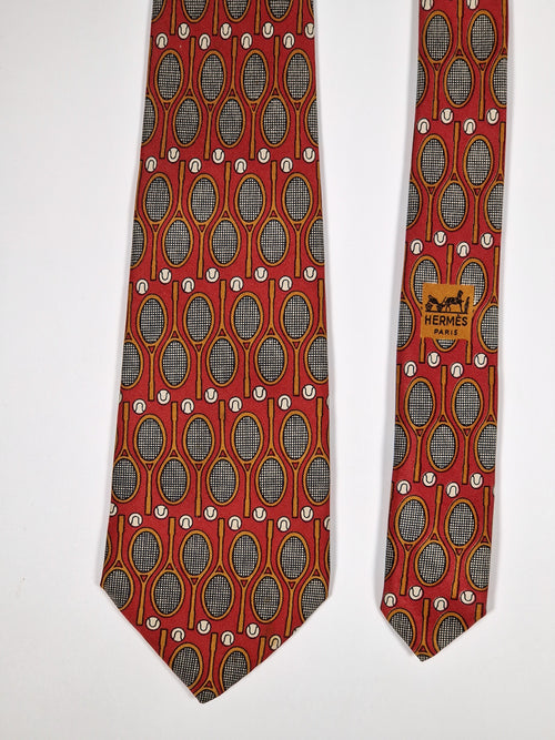 000546 Hermès silk tie red tennis pattern 546 IA