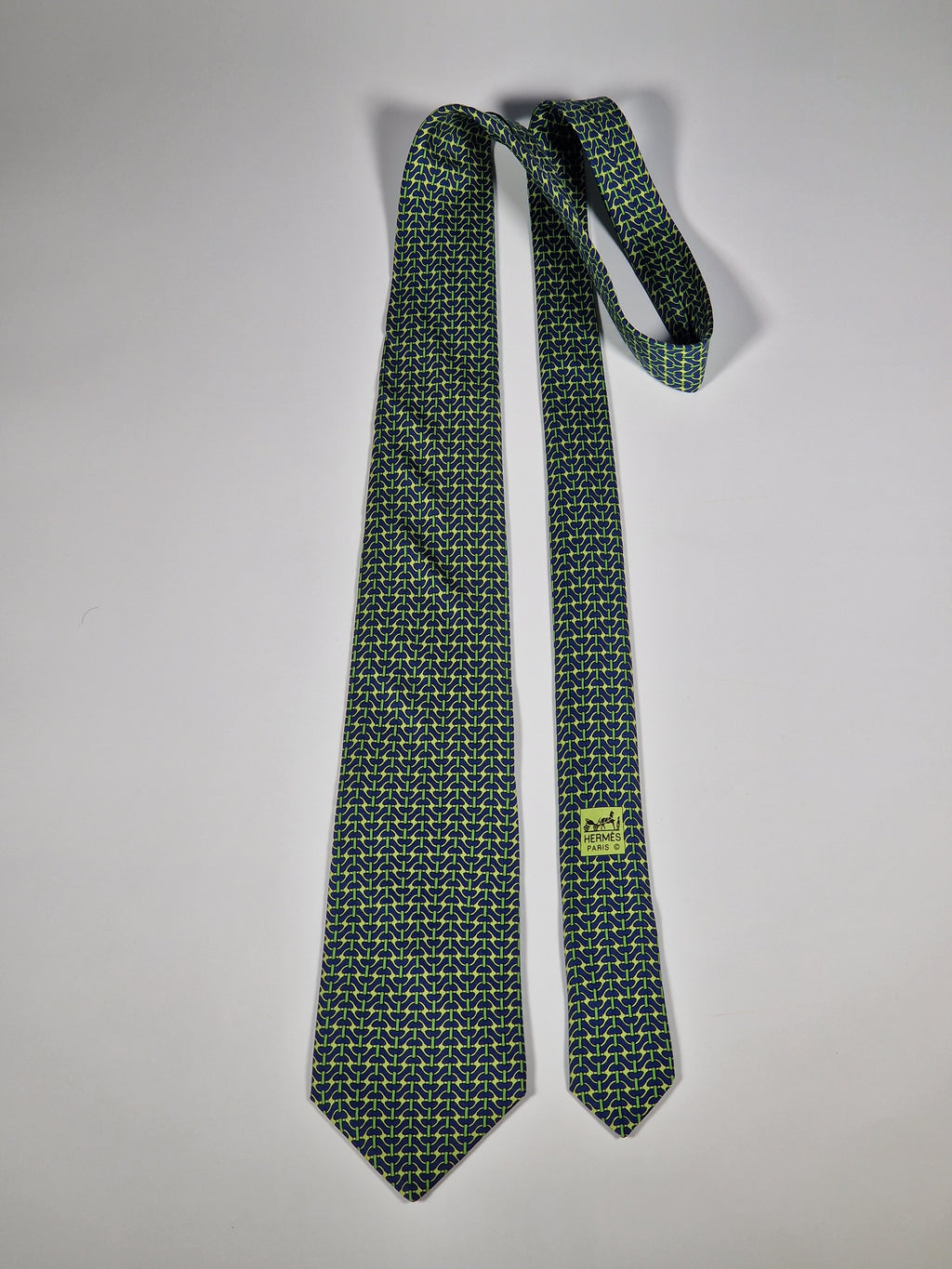 Hermès silk tie blue green equestrian pattern 5490 UA