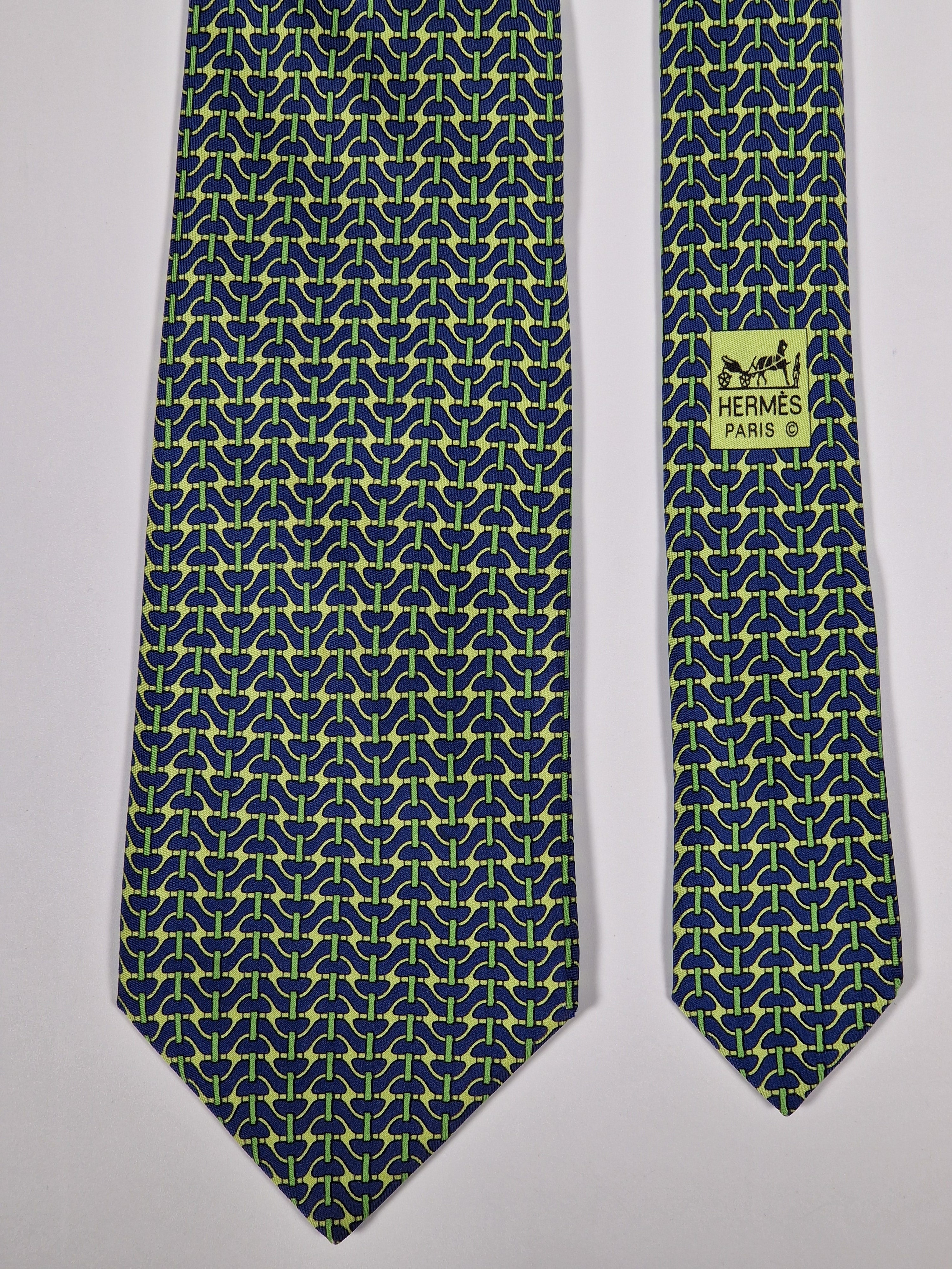 Hermès silk tie blue green equestrian pattern 5490 UA