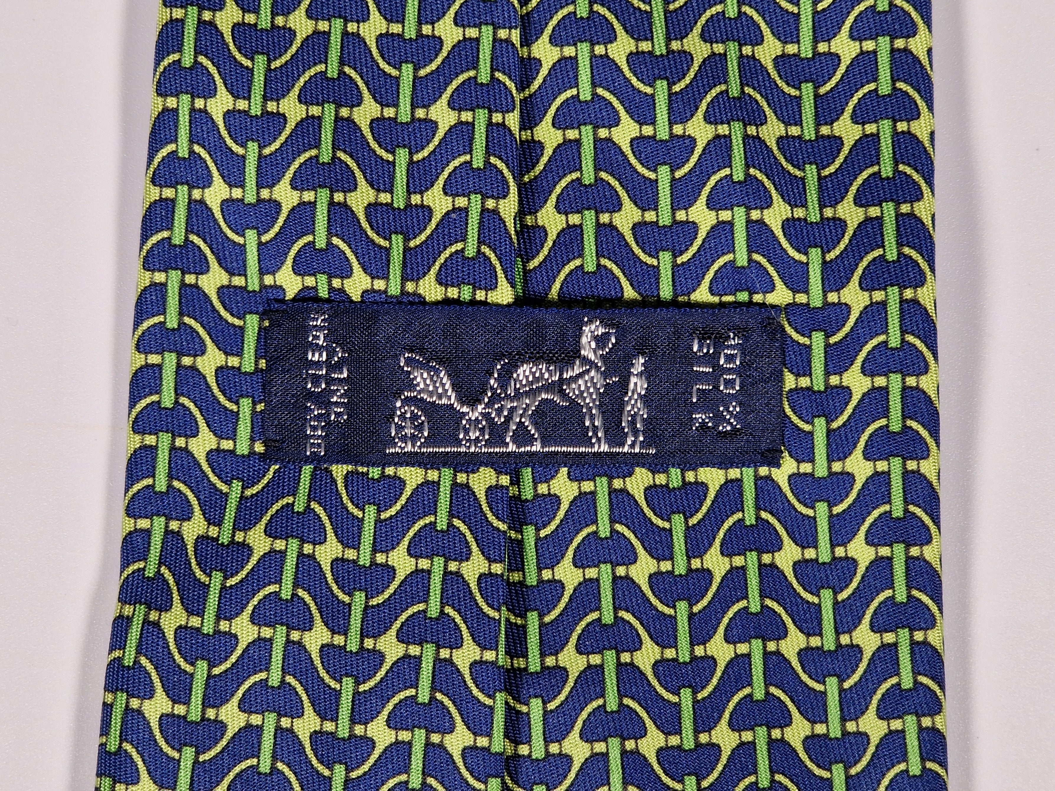 Hermès silk tie blue green equestrian pattern 5490 UA