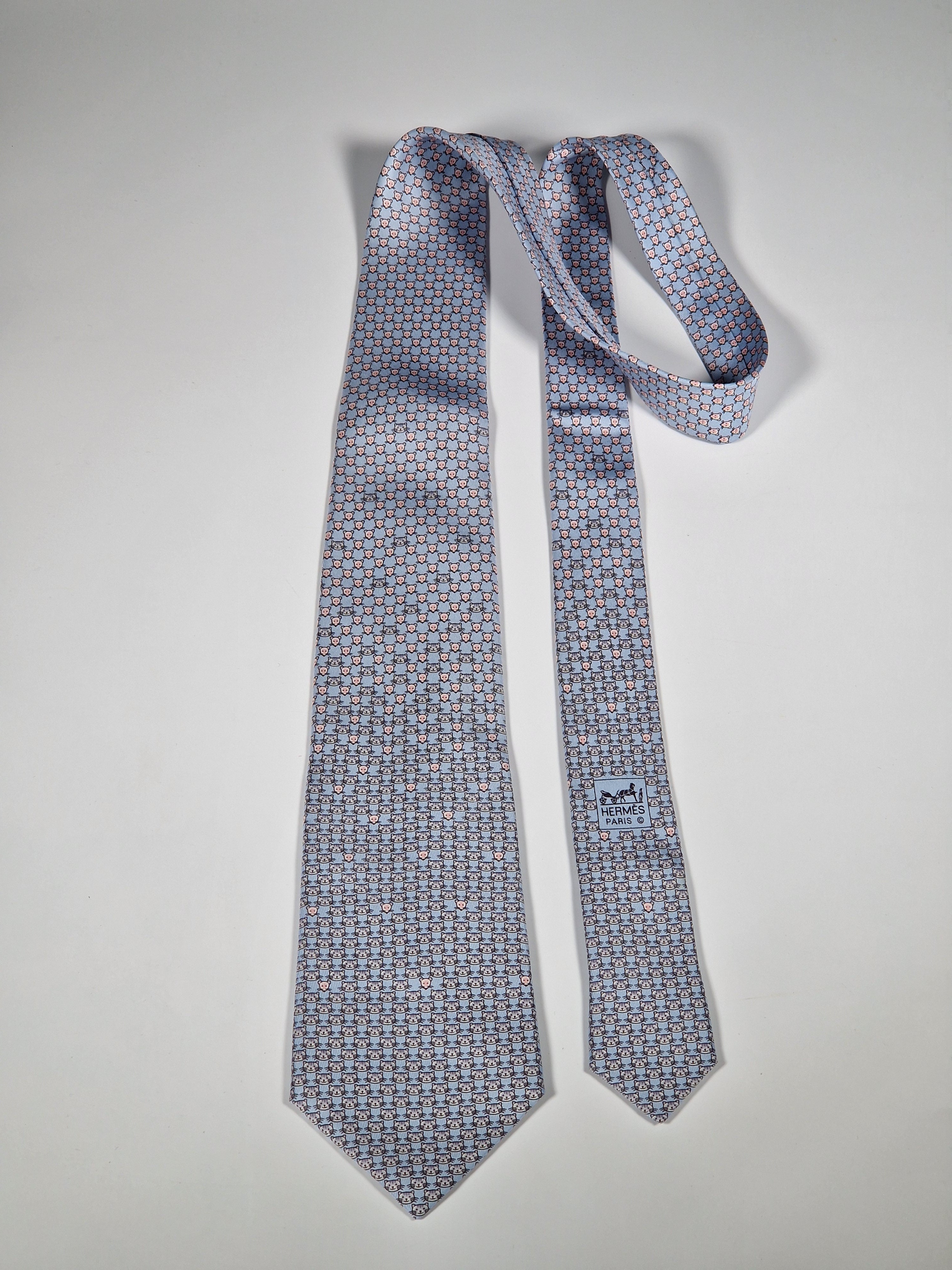 Hermès silk tie blue cat and mice whimsical pattern 5542 UA