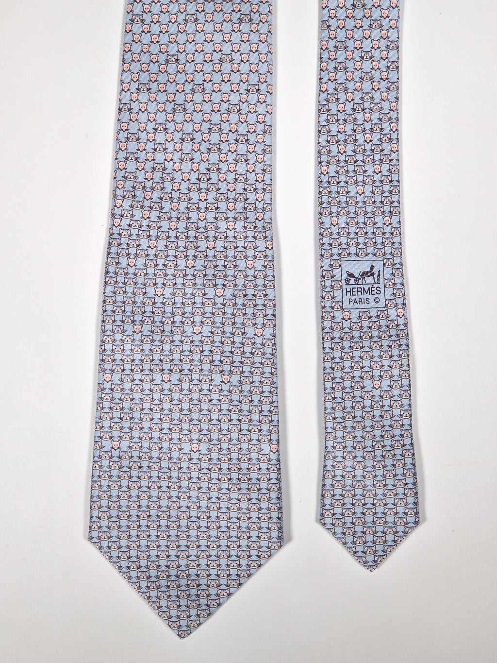 Hermès silk tie blue cat and mice whimsical pattern 5542 UA