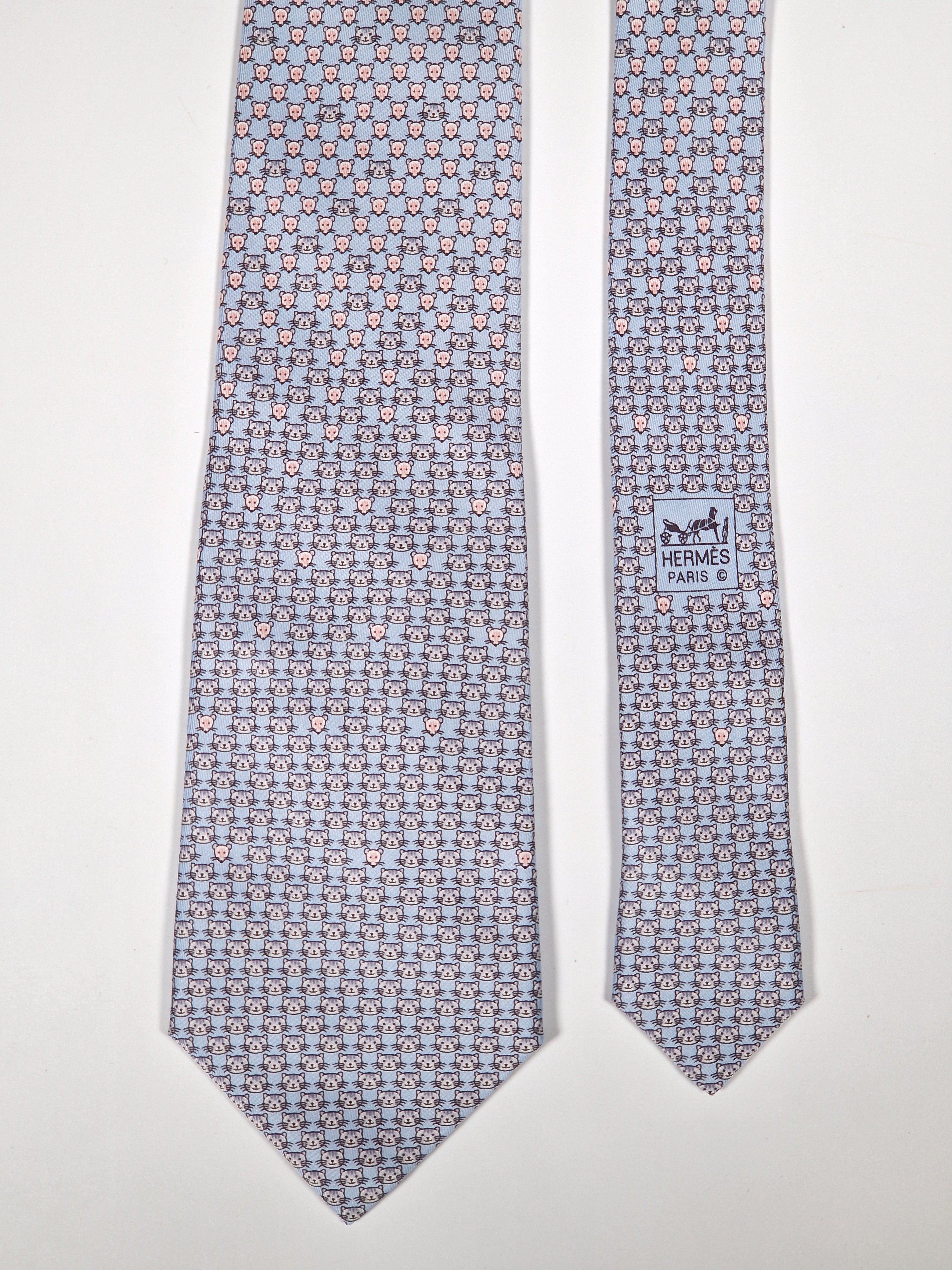 Hermès silk tie blue cat and mice whimsical pattern 5542 UA