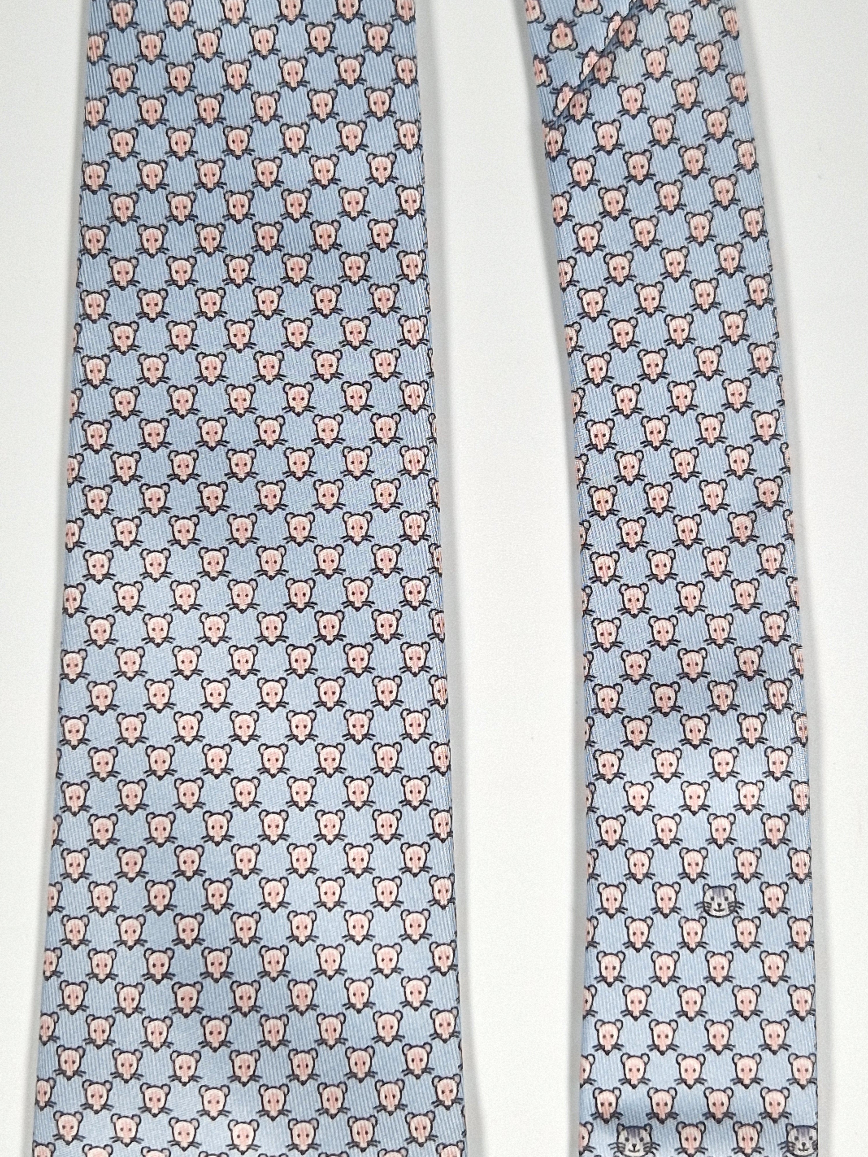 Hermès silk tie blue cat and mice whimsical pattern 5542 UA