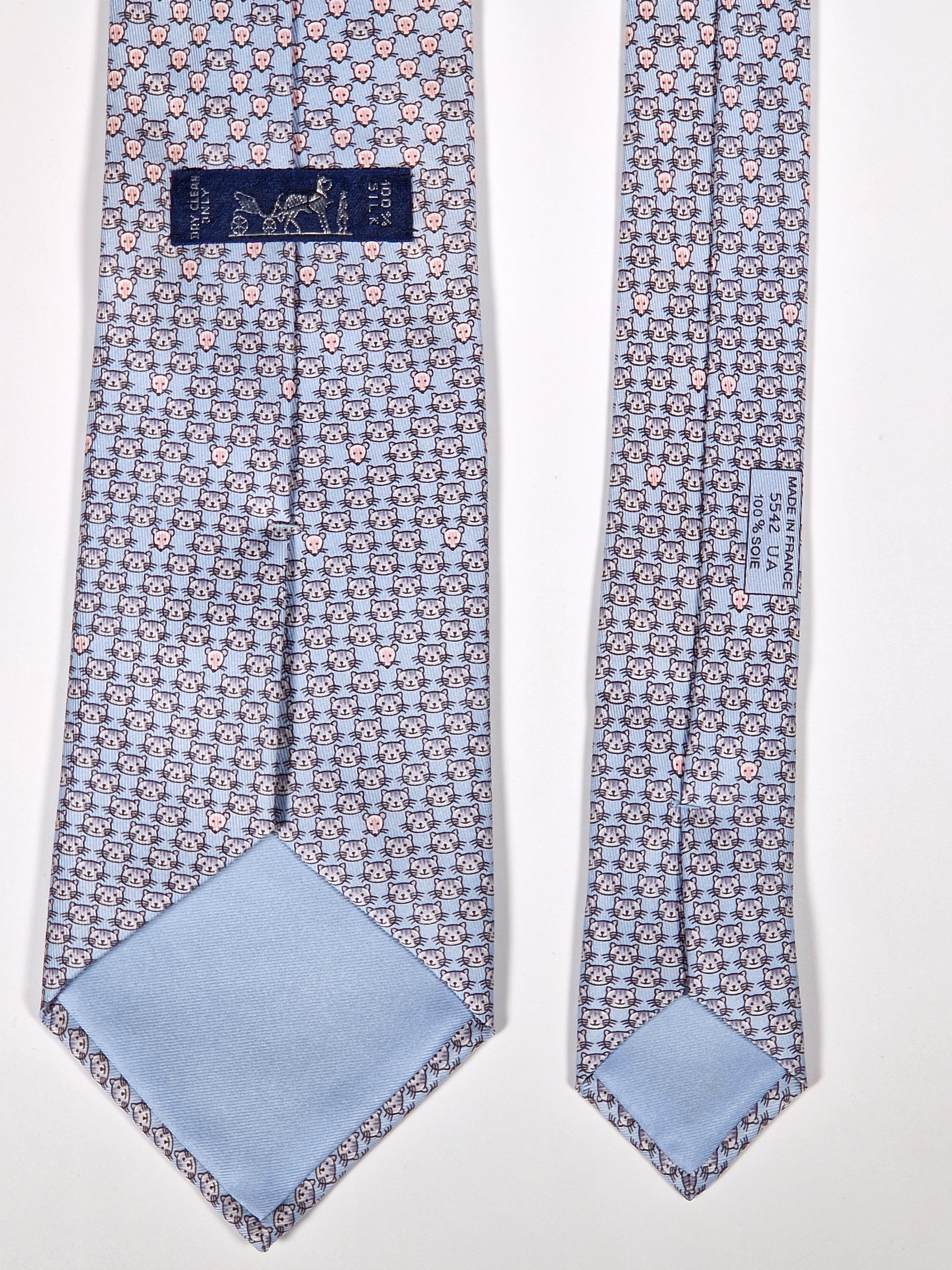 Hermès silk tie blue cat and mice whimsical pattern 5542 UA