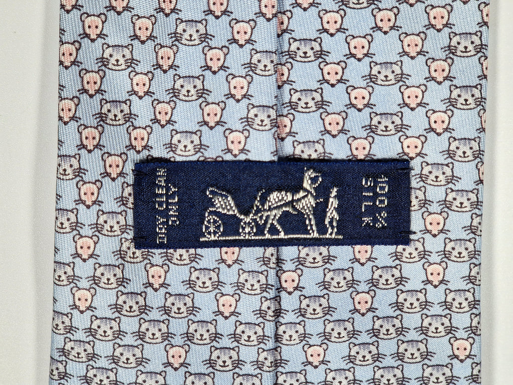 Hermès silk tie blue cat and mice whimsical pattern 5542 UA