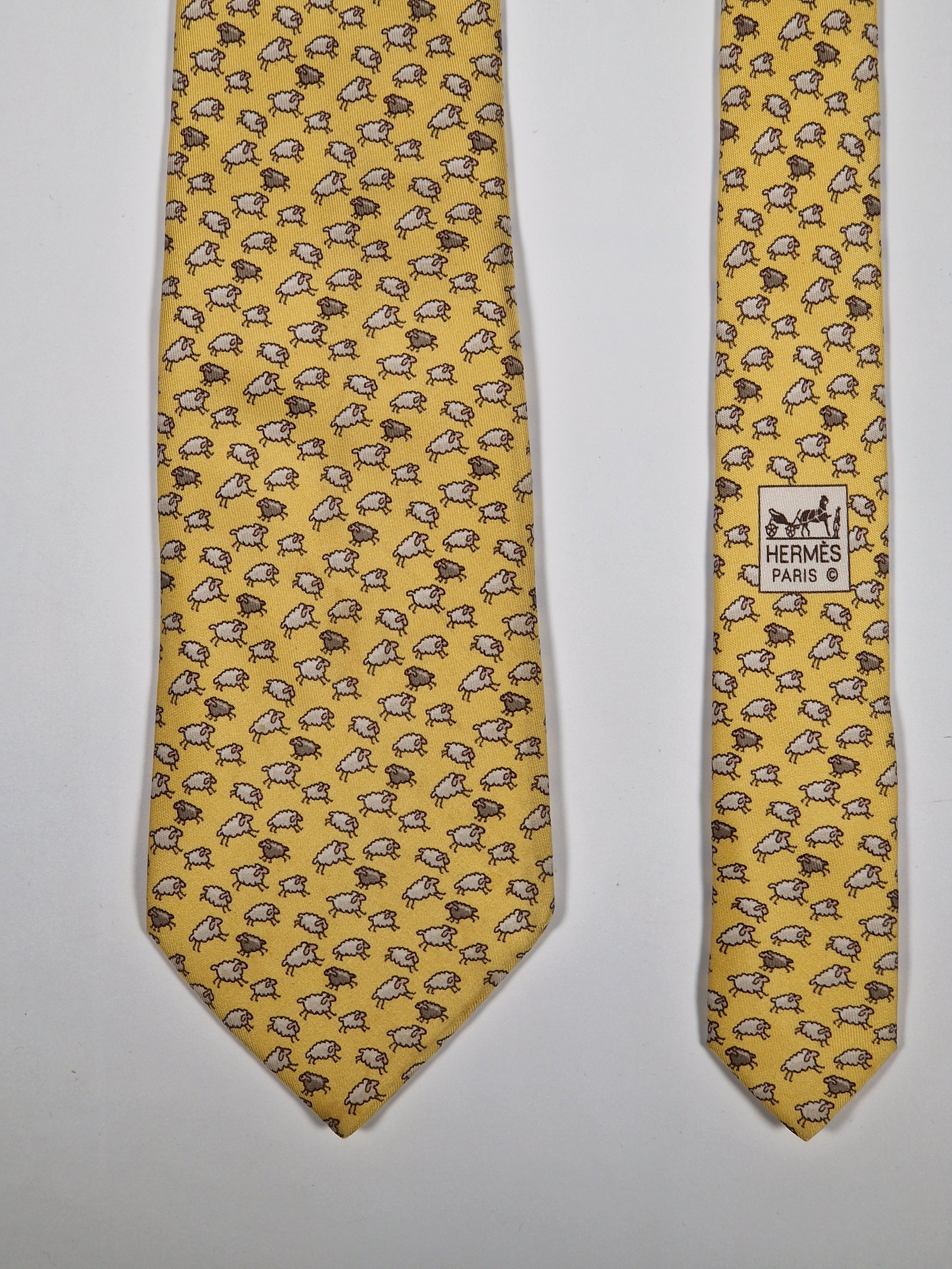 Hermès silk tie yellow sheep whimsical pattern 5563 MA