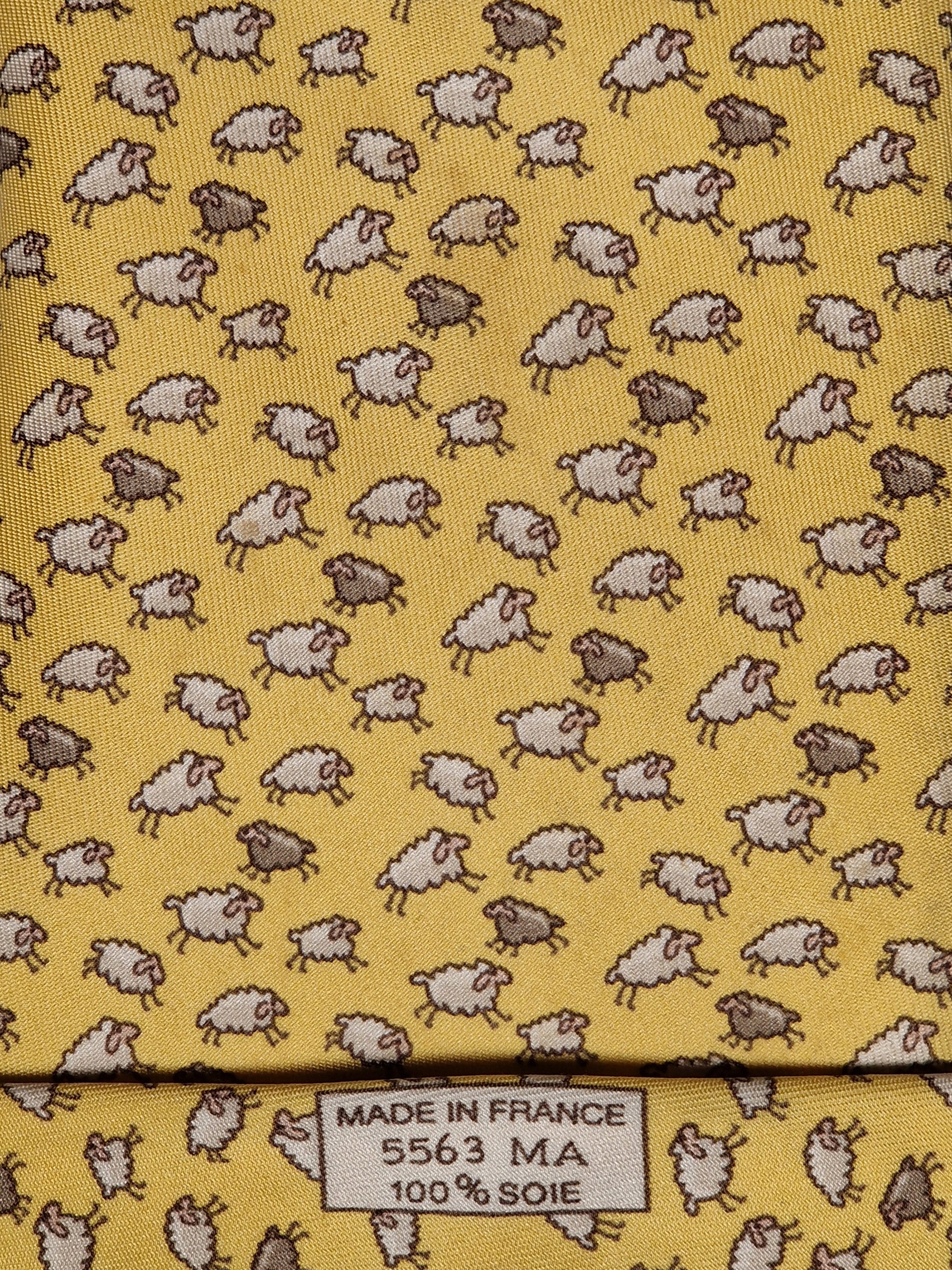 Hermès silk tie yellow sheep whimsical pattern 5563 MA