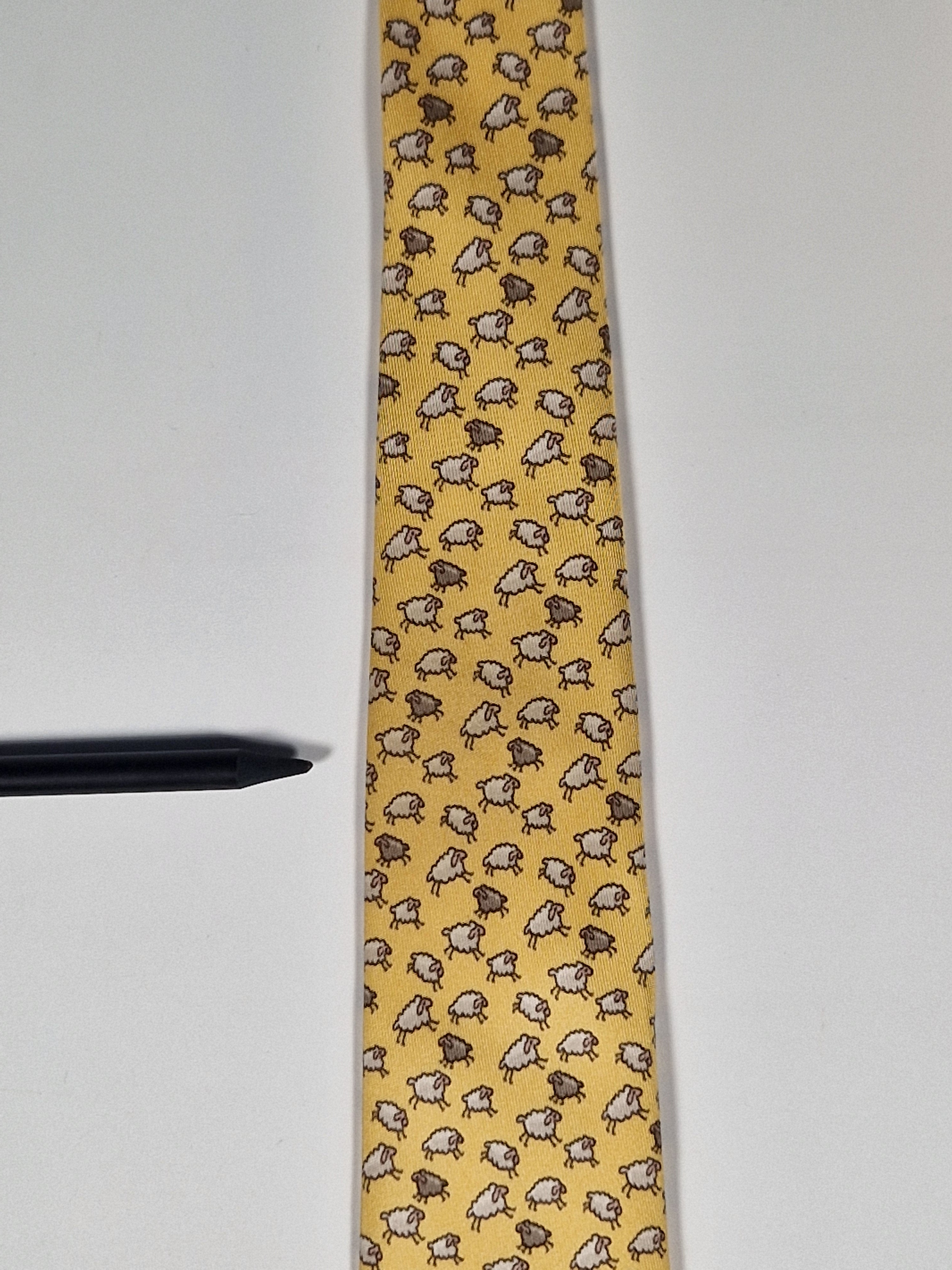 Hermès silk tie yellow sheep whimsical pattern 5563 MA