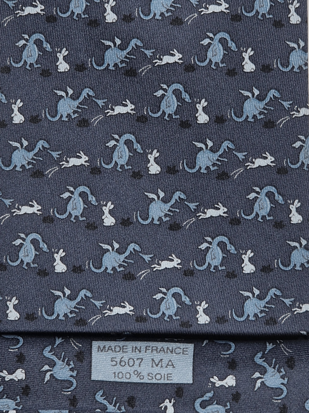 Hermès silk tie blue dragon and rabbit 5607 MA