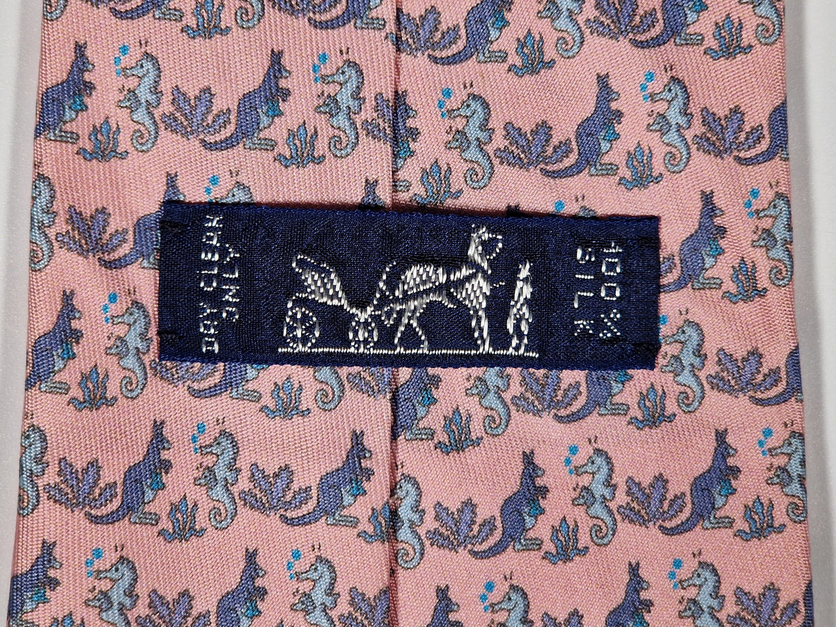 005634 Hermès tie pink whimsical seahorse and kangaroo 5634 EA