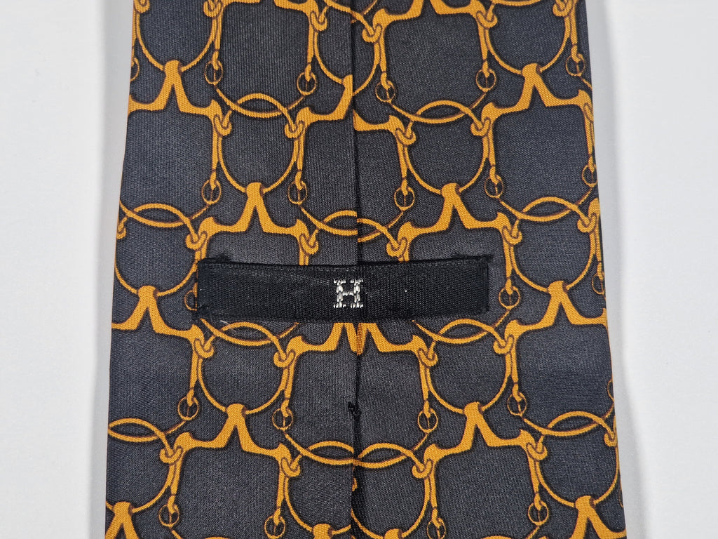 Hermés wide vintage silk tie black and yellow equestrian 585 SA