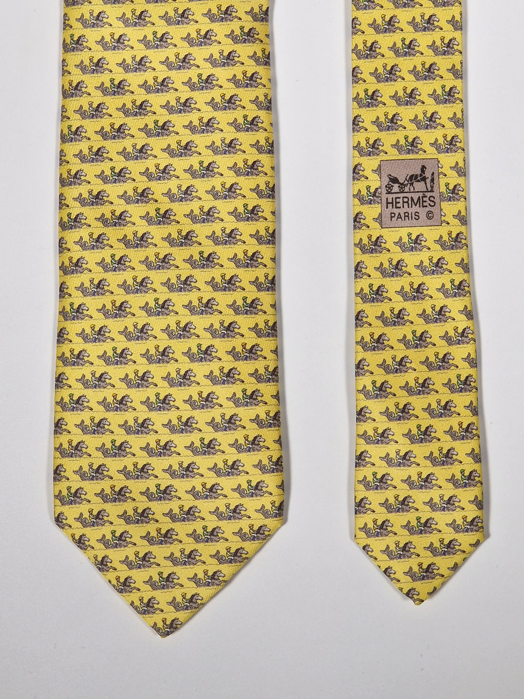 605676 Hermès tie yellow whimsical seahorse and jockey 605676 PA