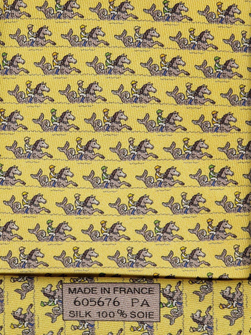 605676 Hermès tie yellow whimsical seahorse and jockey 605676 PA