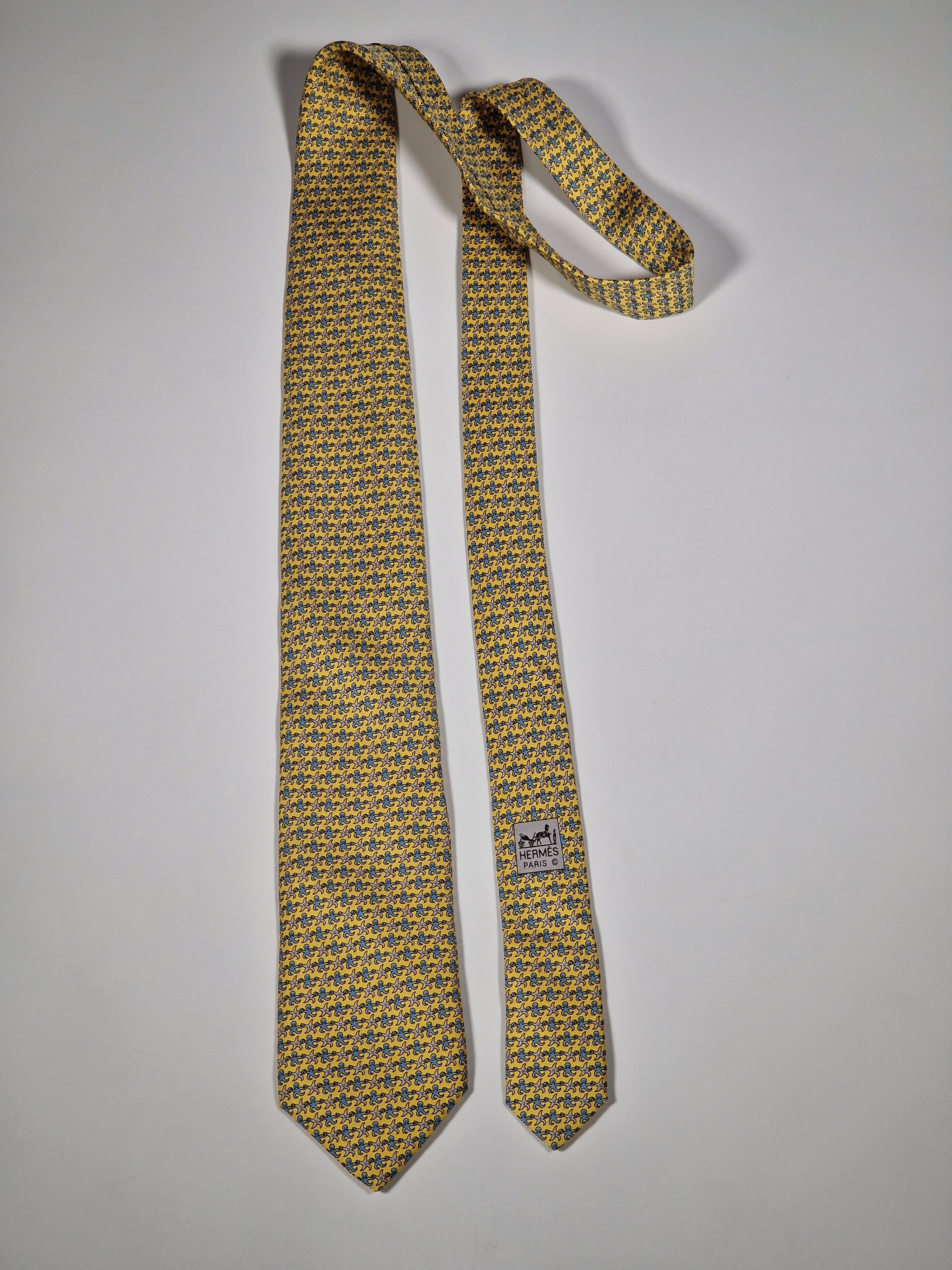 Hermès silk tie yellow octopus and seastar whimsical pattern 605686 PA