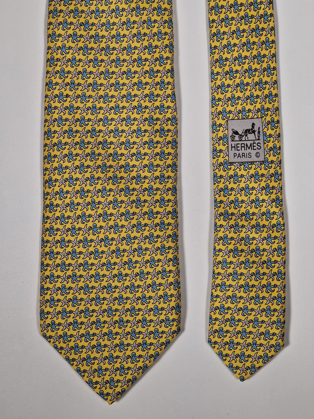 Hermès silk tie yellow octopus and seastar whimsical pattern 605686 PA