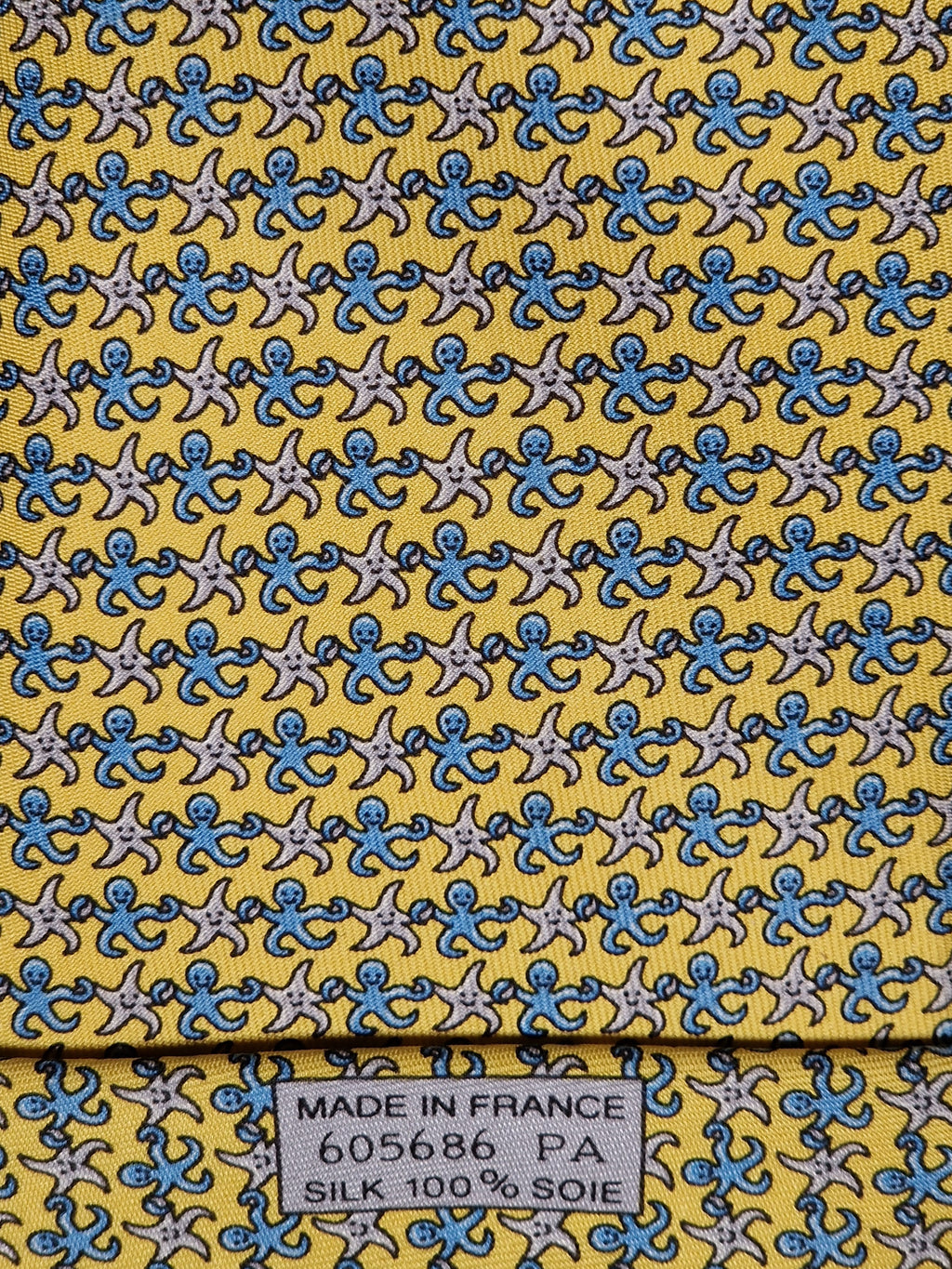 Hermès silk tie yellow octopus and seastar whimsical pattern 605686 PA
