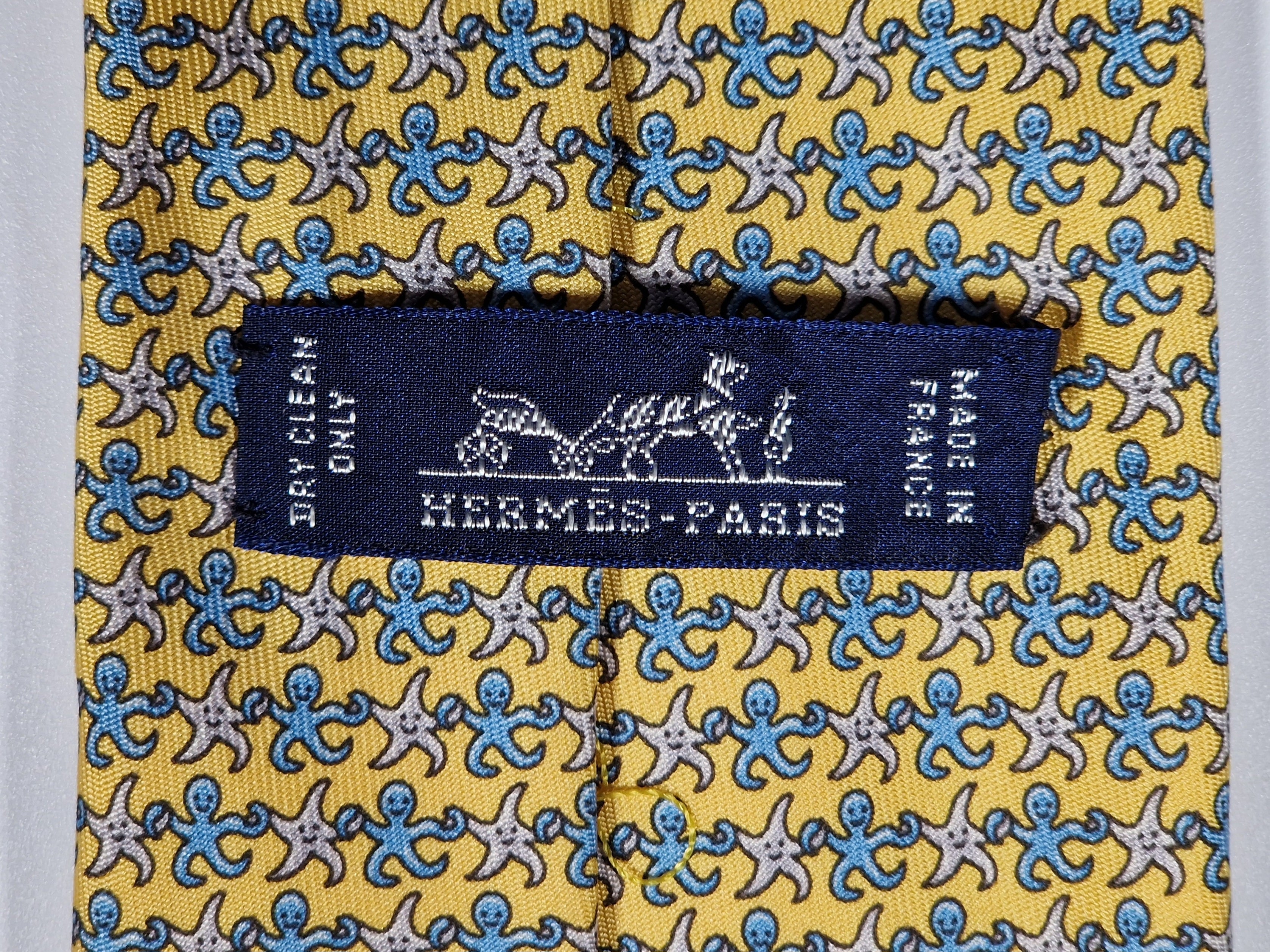 Hermès silk tie yellow octopus and seastar whimsical pattern 605686 PA
