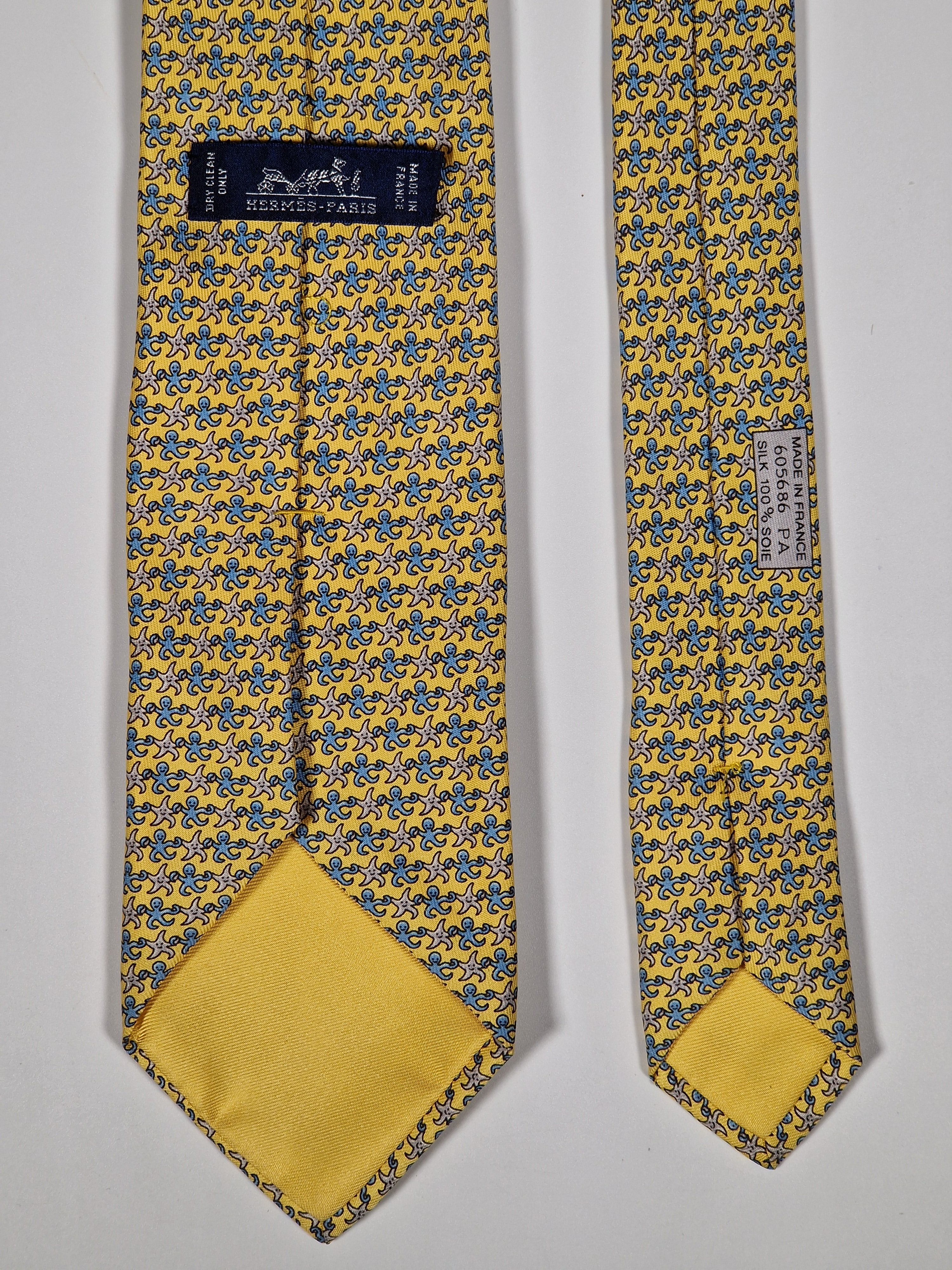 Hermès silk tie yellow octopus and seastar whimsical pattern 605686 PA
