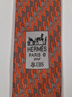 Hermès silk tie orange key pattern "UBS Bank Switzerland" 605703 FA