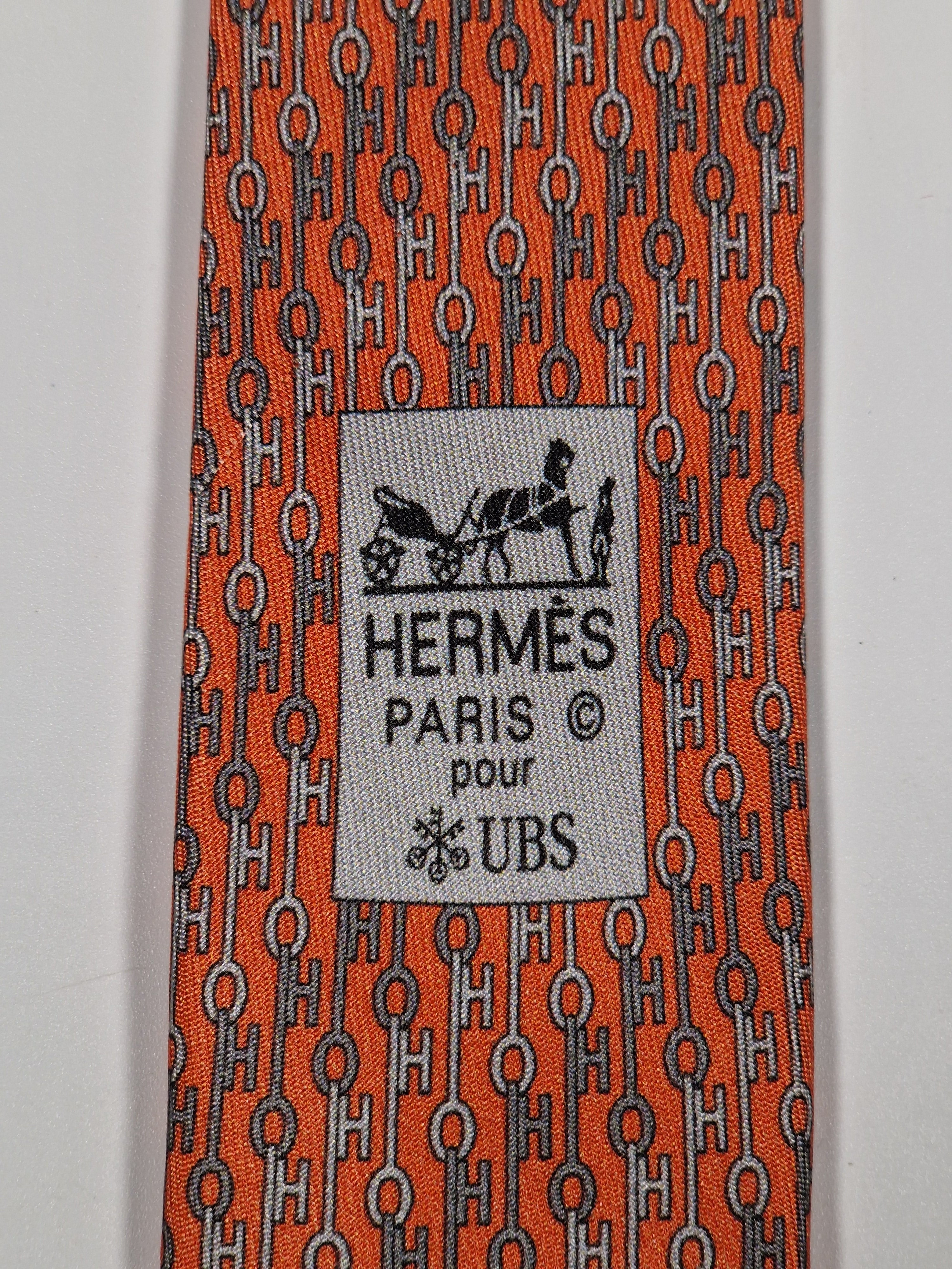 Hermès silk tie orange key pattern "UBS Bank Switzerland" 605703 FA