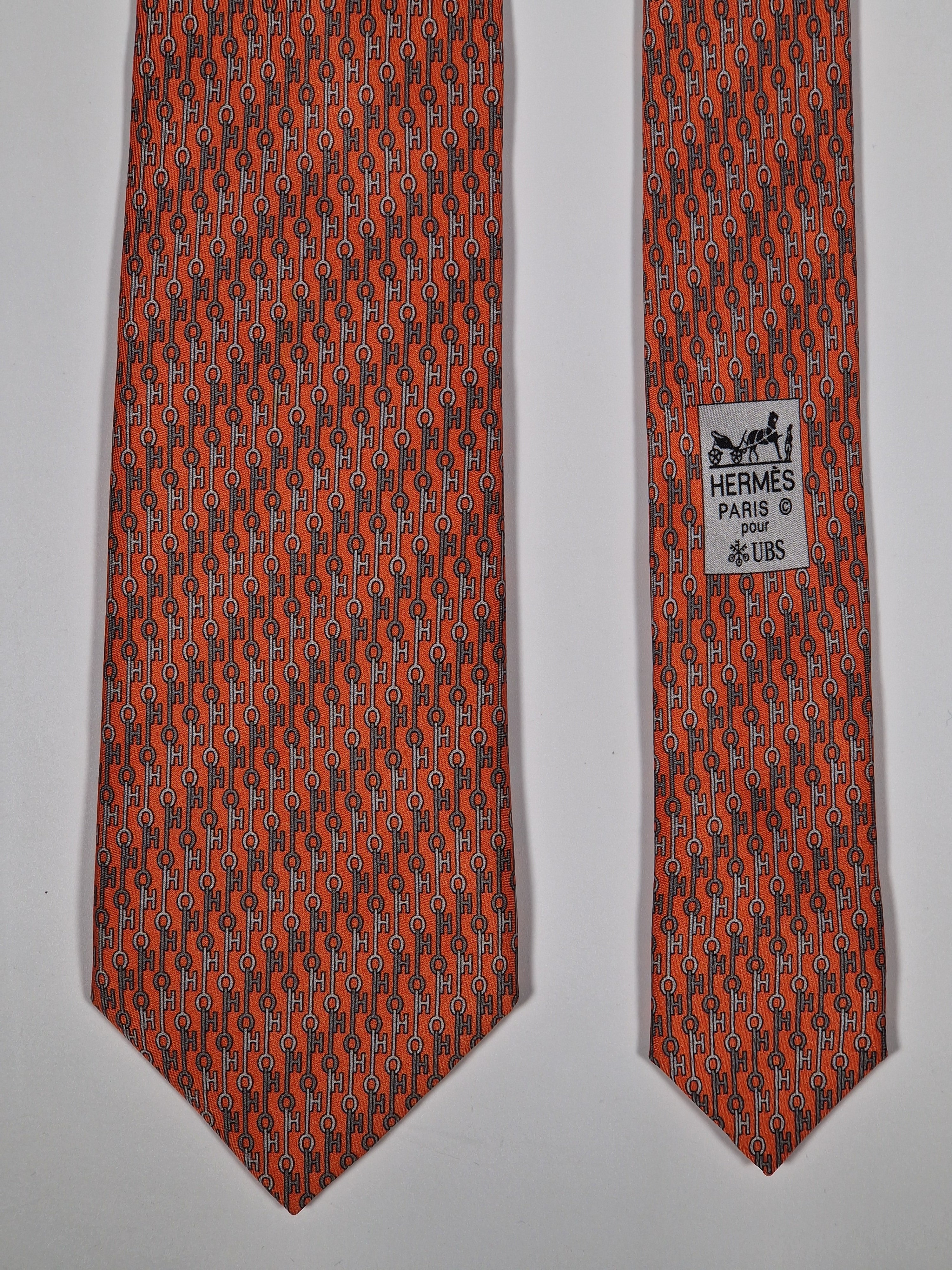 Hermès silk tie orange key pattern "UBS Bank Switzerland" 605703 FA