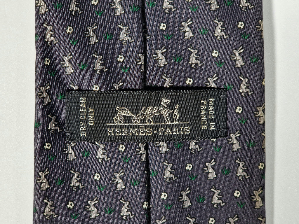 605722 Hermès tie grey whimsical fotball rabbits 605722 PA