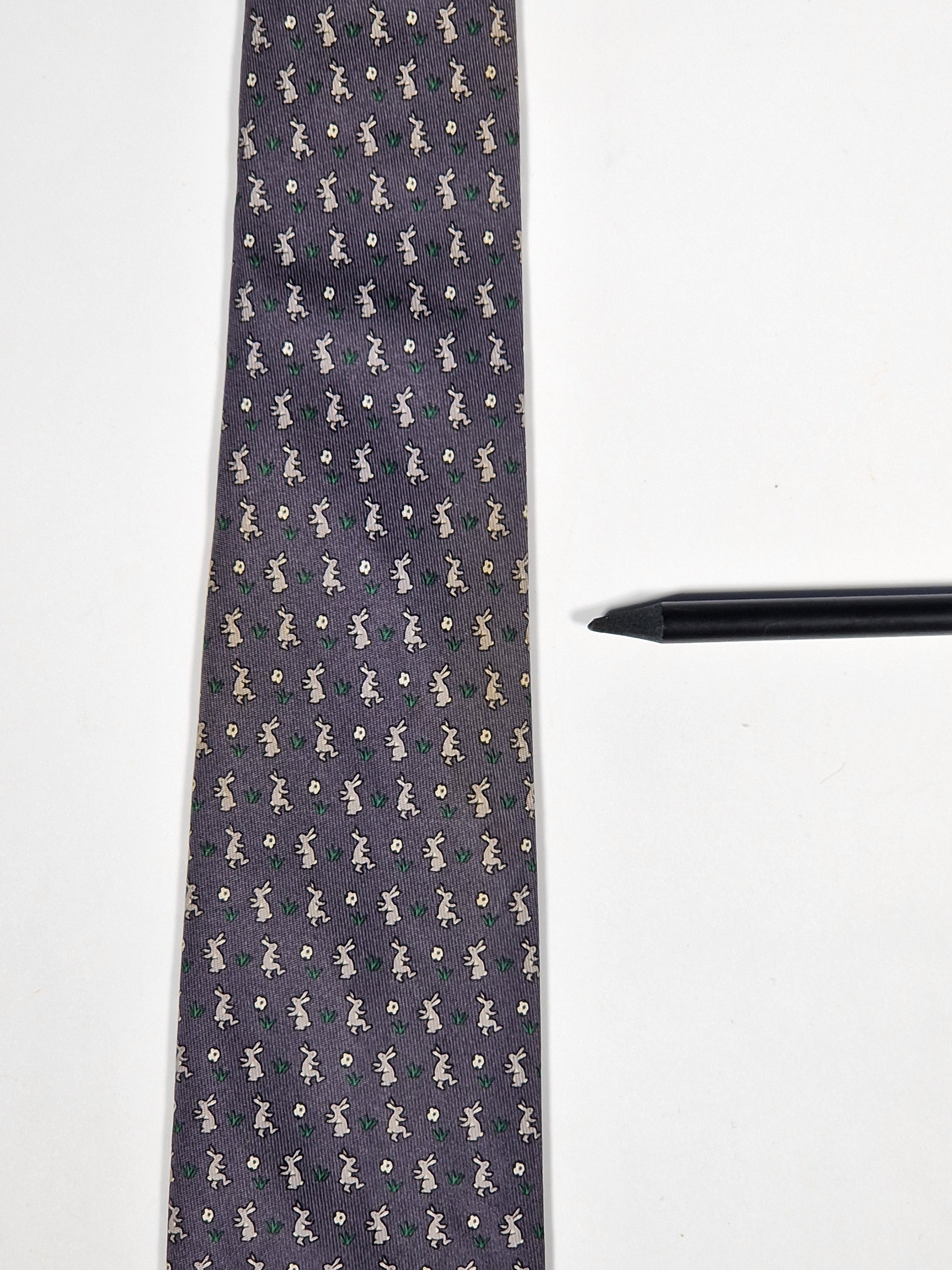 605722 Hermès tie grey whimsical fotball rabbits 605722 PA