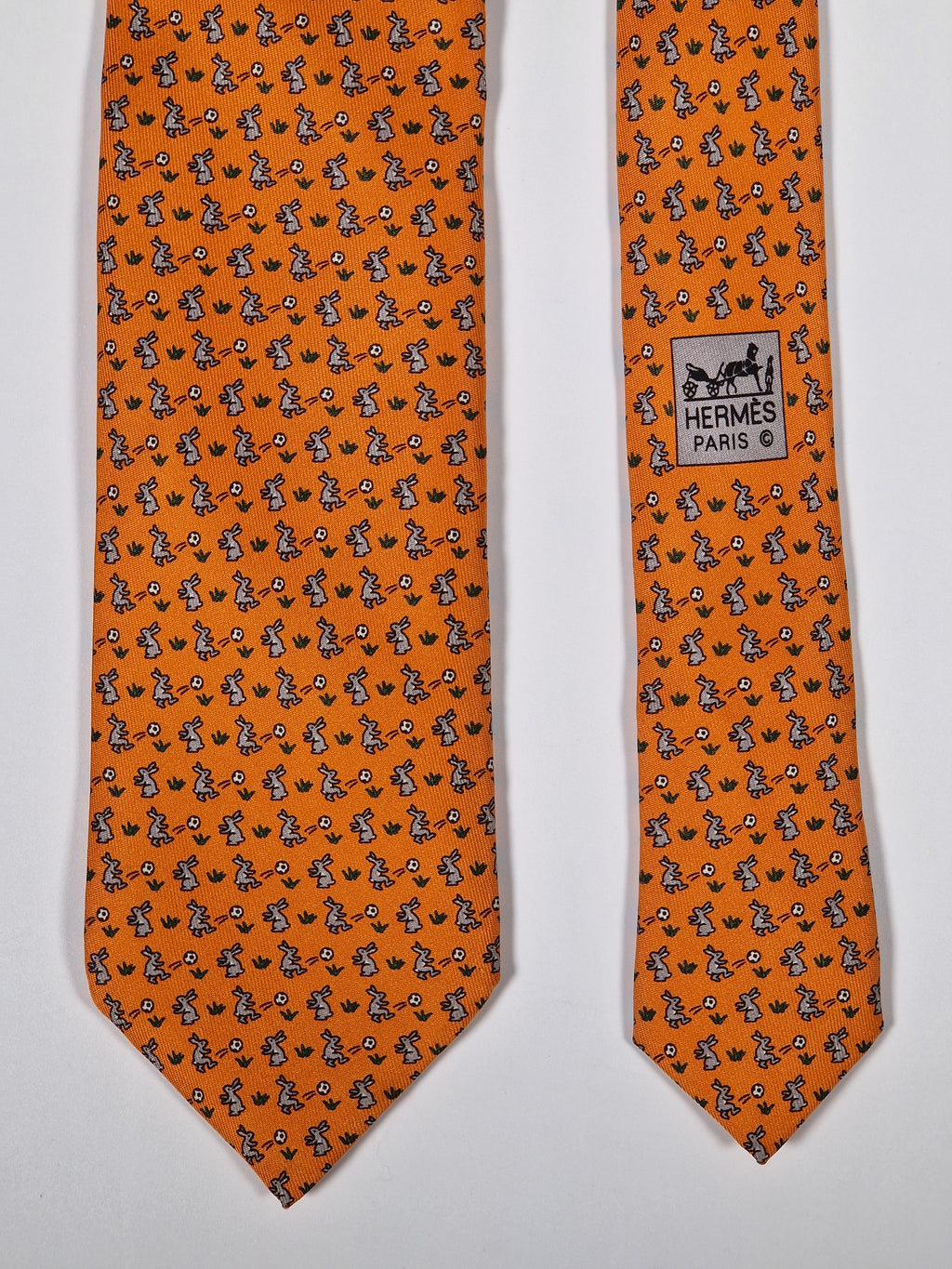 Hermès silk tie orange rabbit playing football 605722 PA