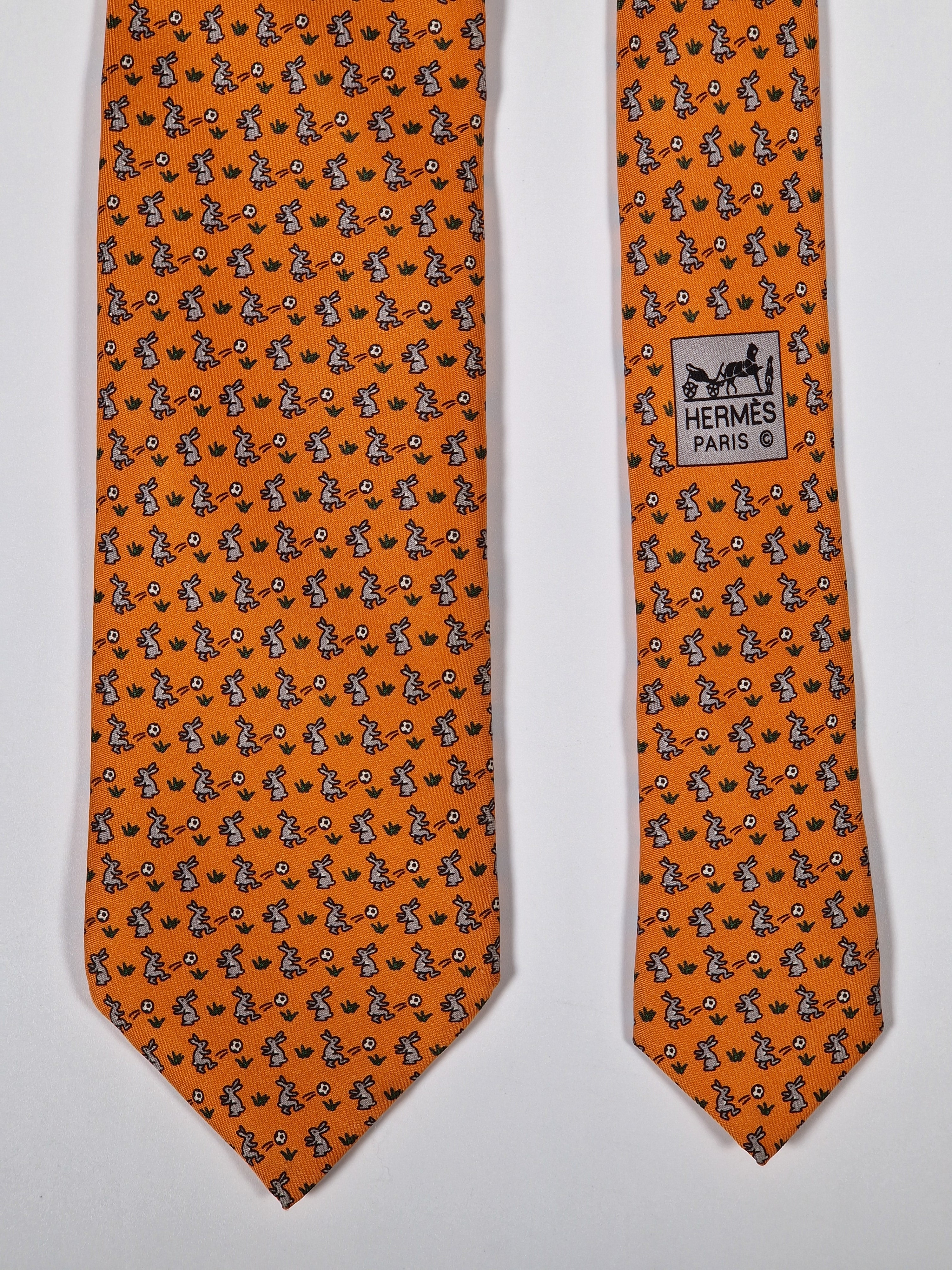 Hermès silk tie orange rabbit playing football 605722 PA