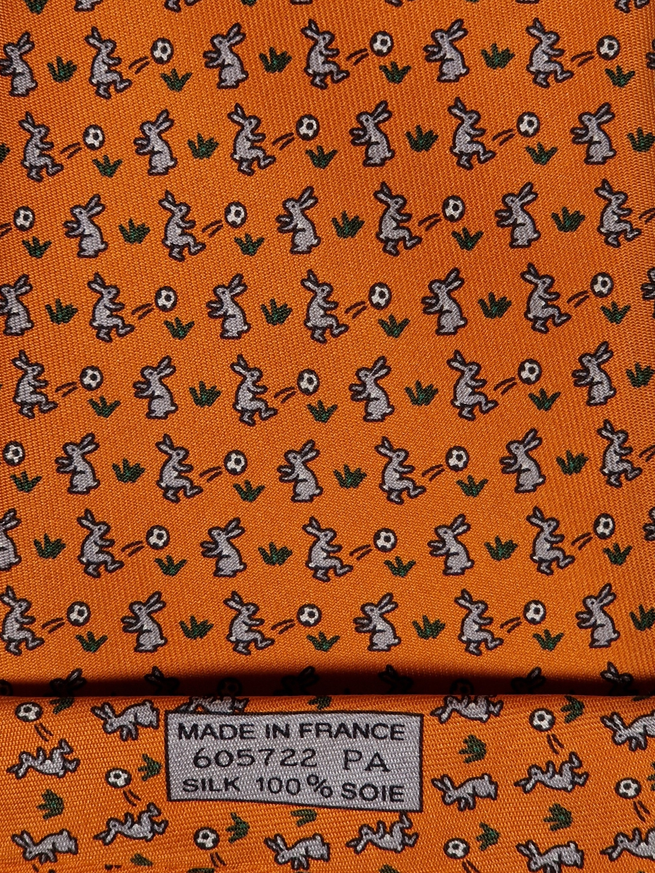 Hermès silk tie orange rabbit playing football 605722 PA