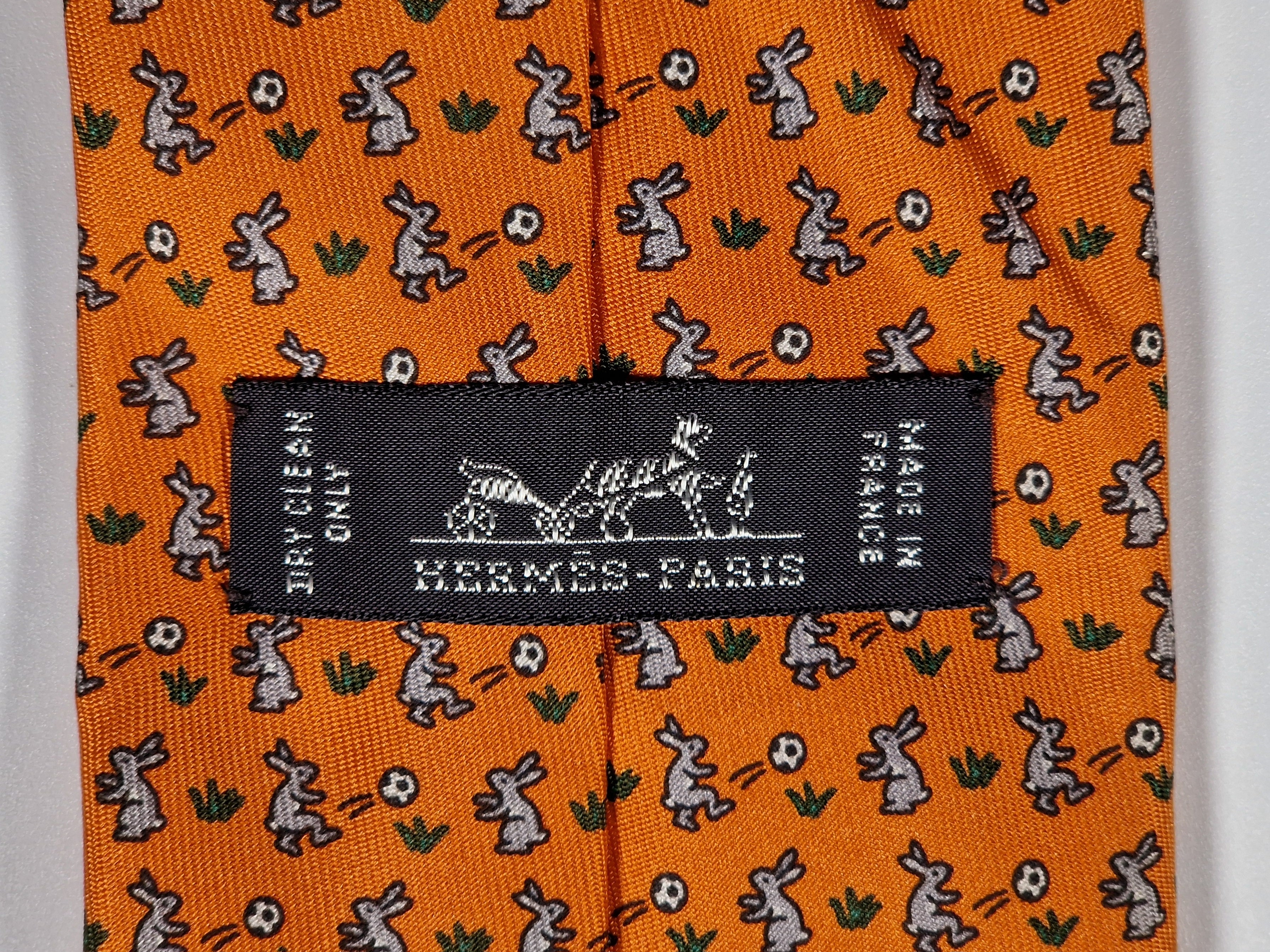 Hermès silk tie orange rabbit playing football 605722 PA