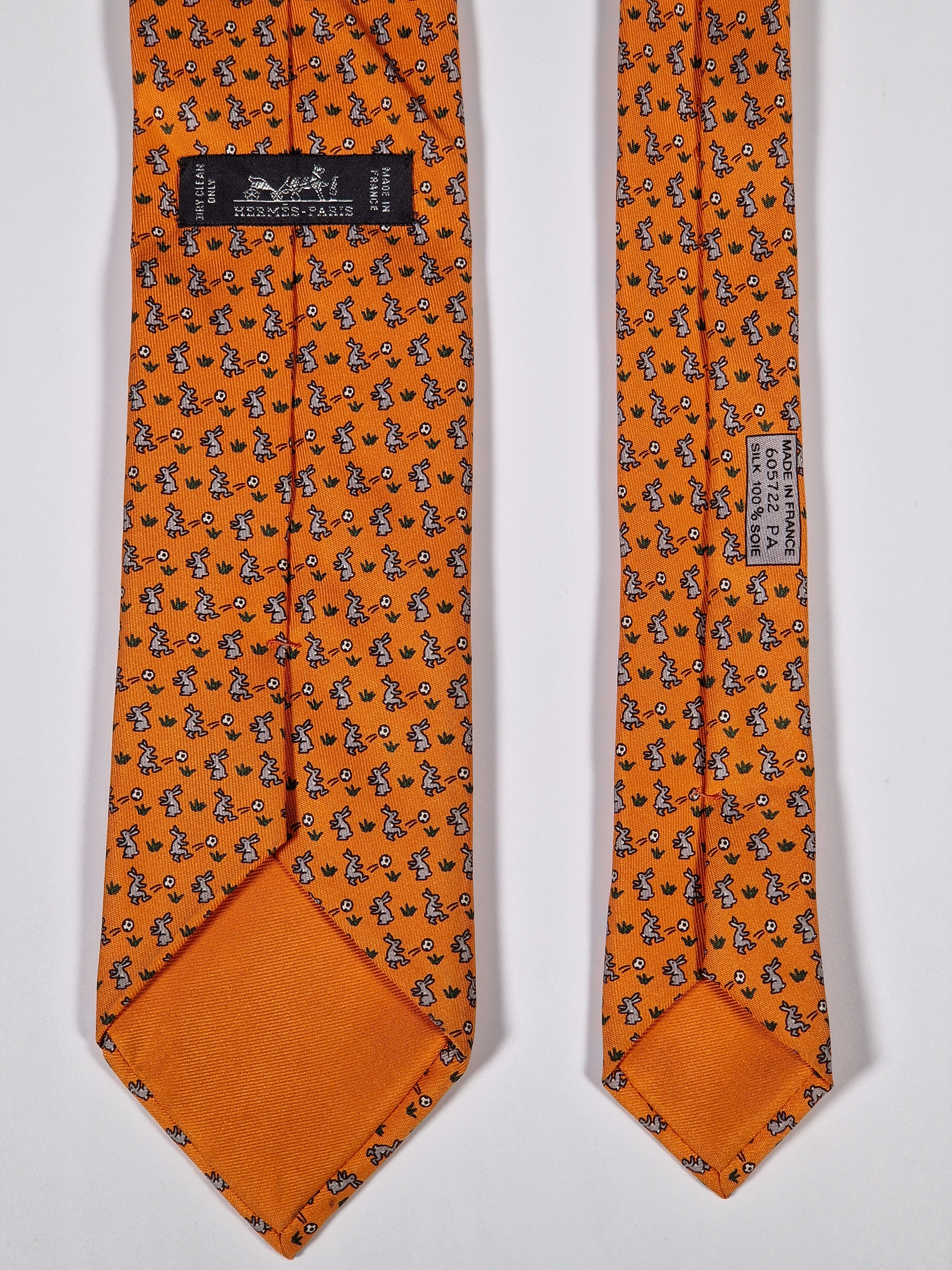 Hermès silk tie orange rabbit playing football 605722 PA