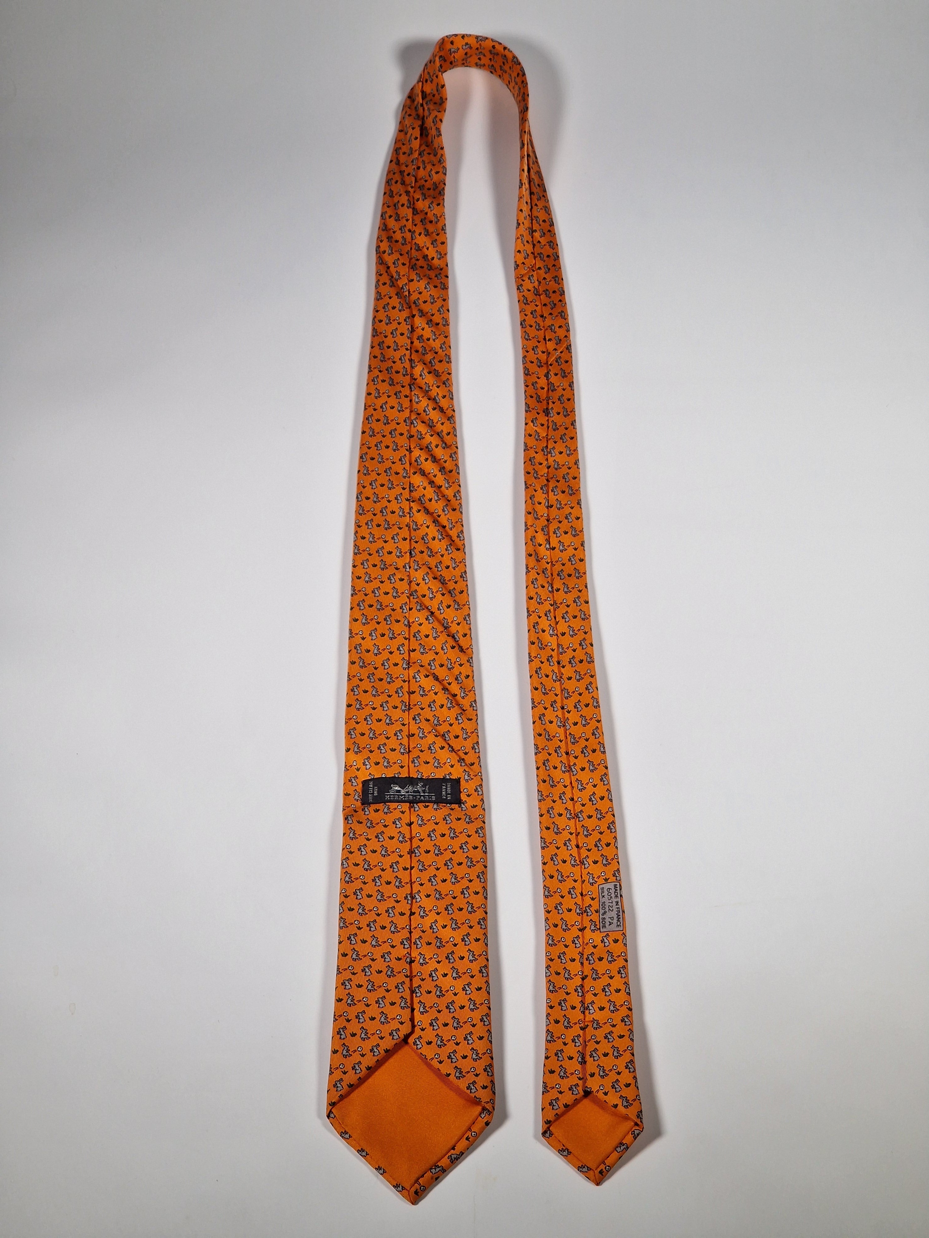 Hermès silk tie orange rabbit playing football 605722 PA