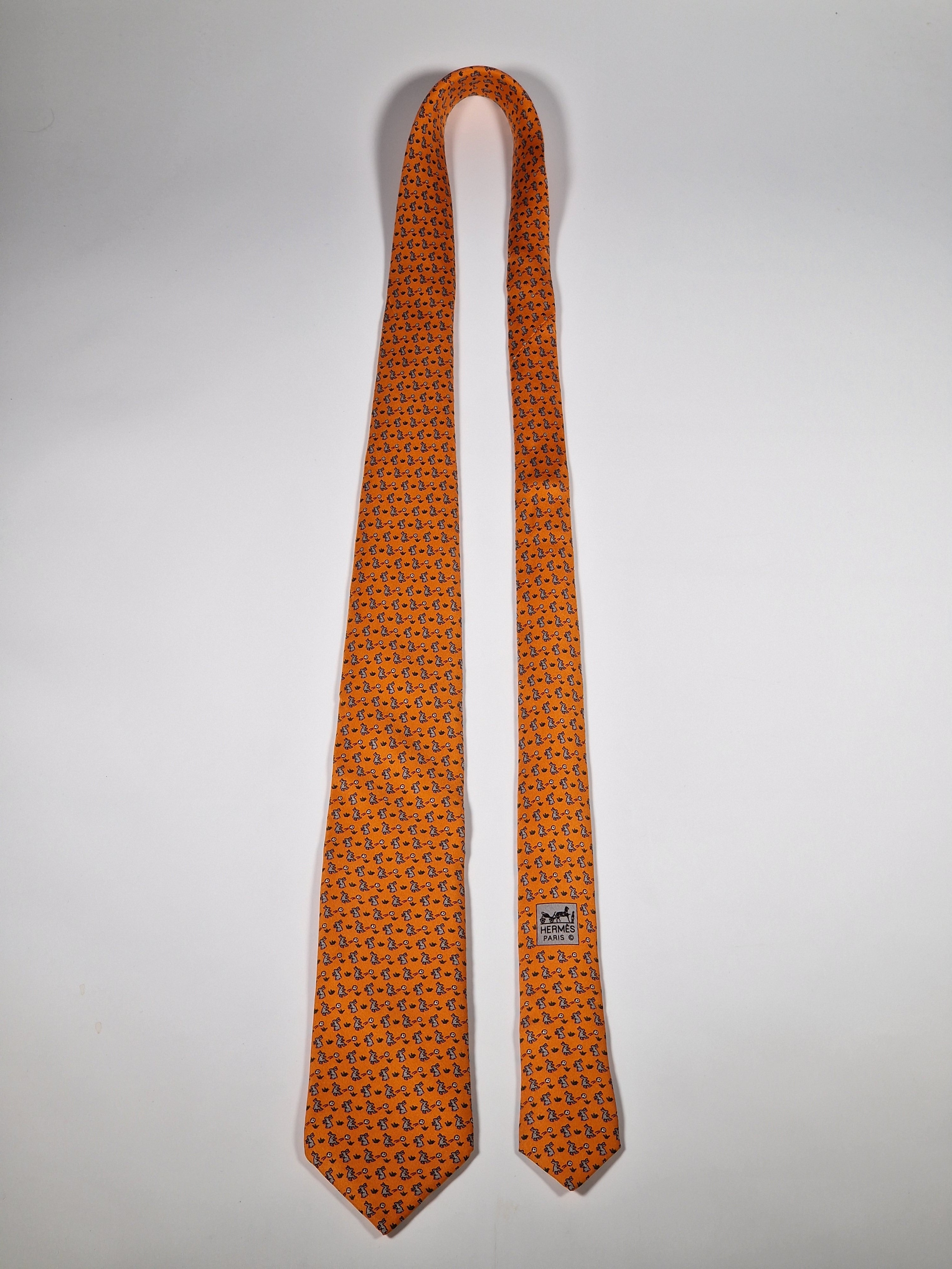 Hermès silk tie orange rabbit playing football 605722 PA