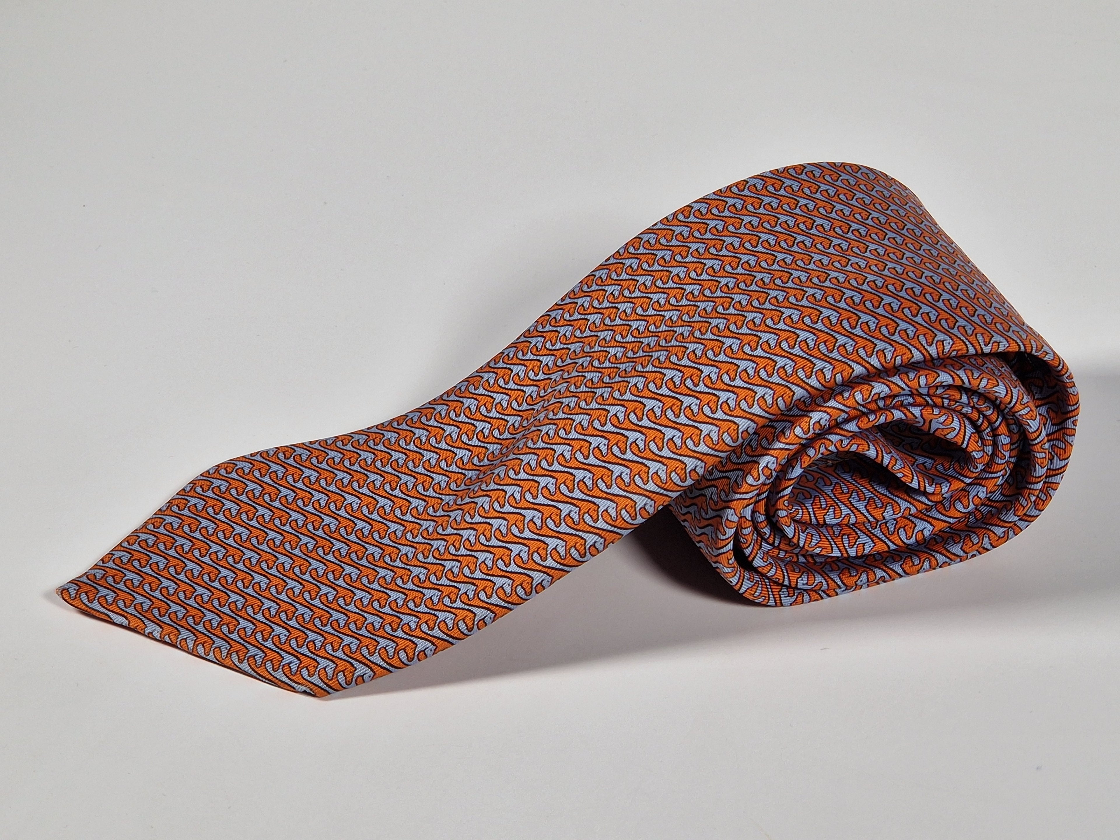 Hermès silk tie orange and blue horses 605723 HA