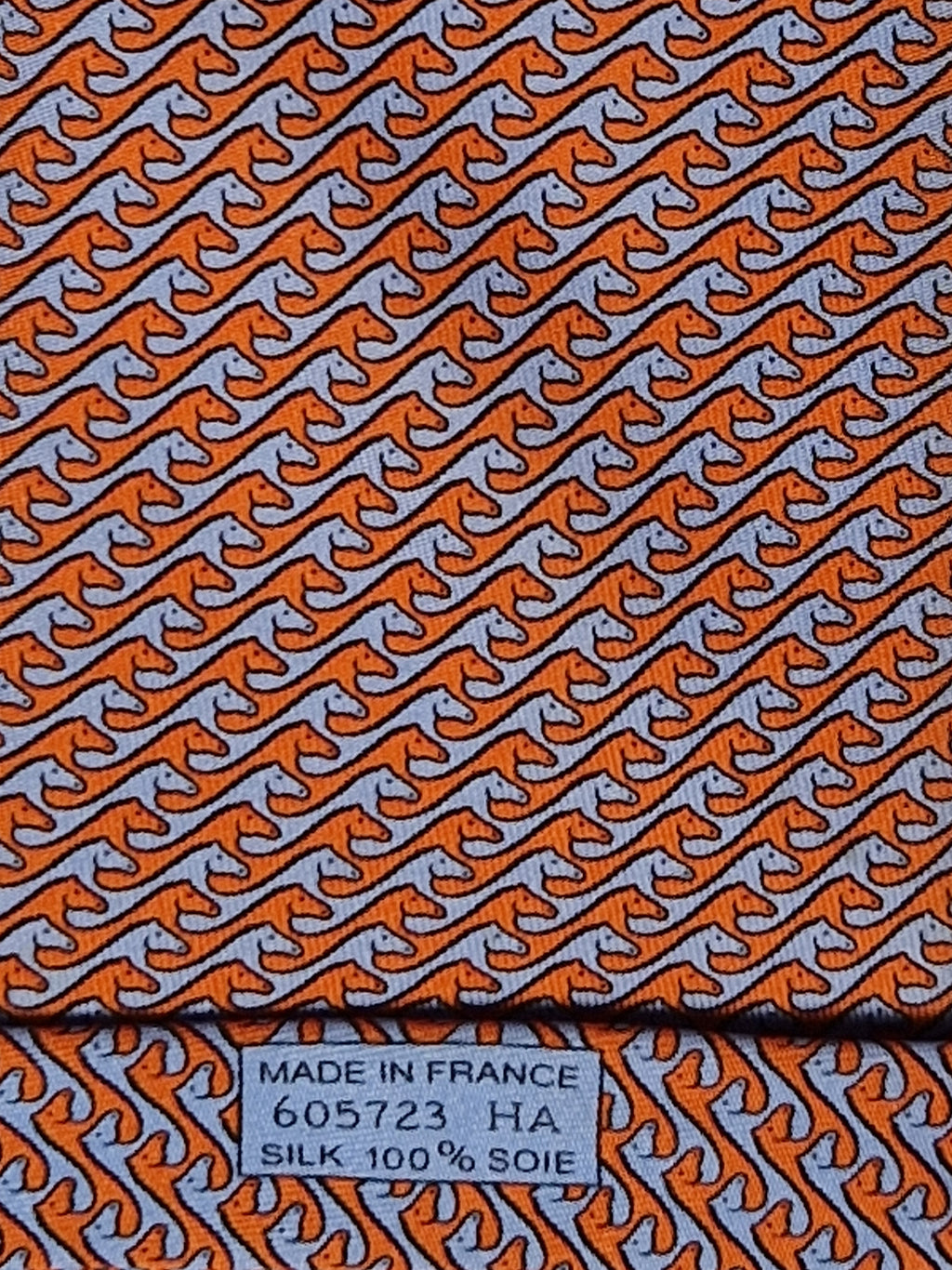 Hermès silk tie orange and blue horses 605723 HA