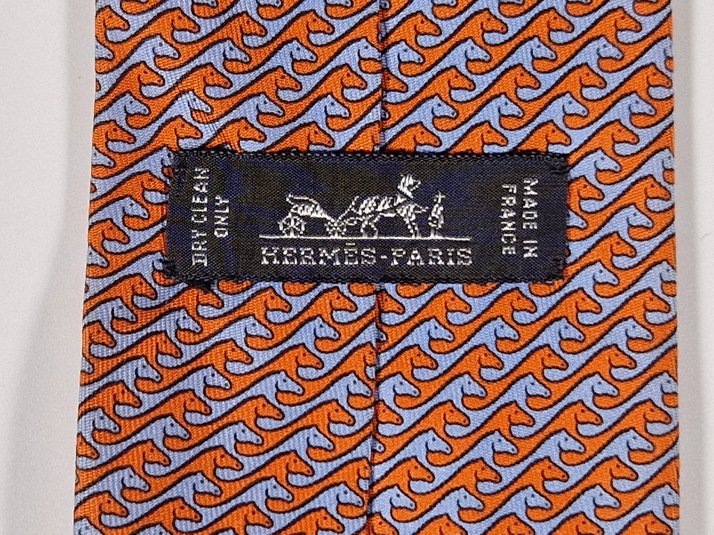Hermès silk tie orange and blue horses 605723 HA