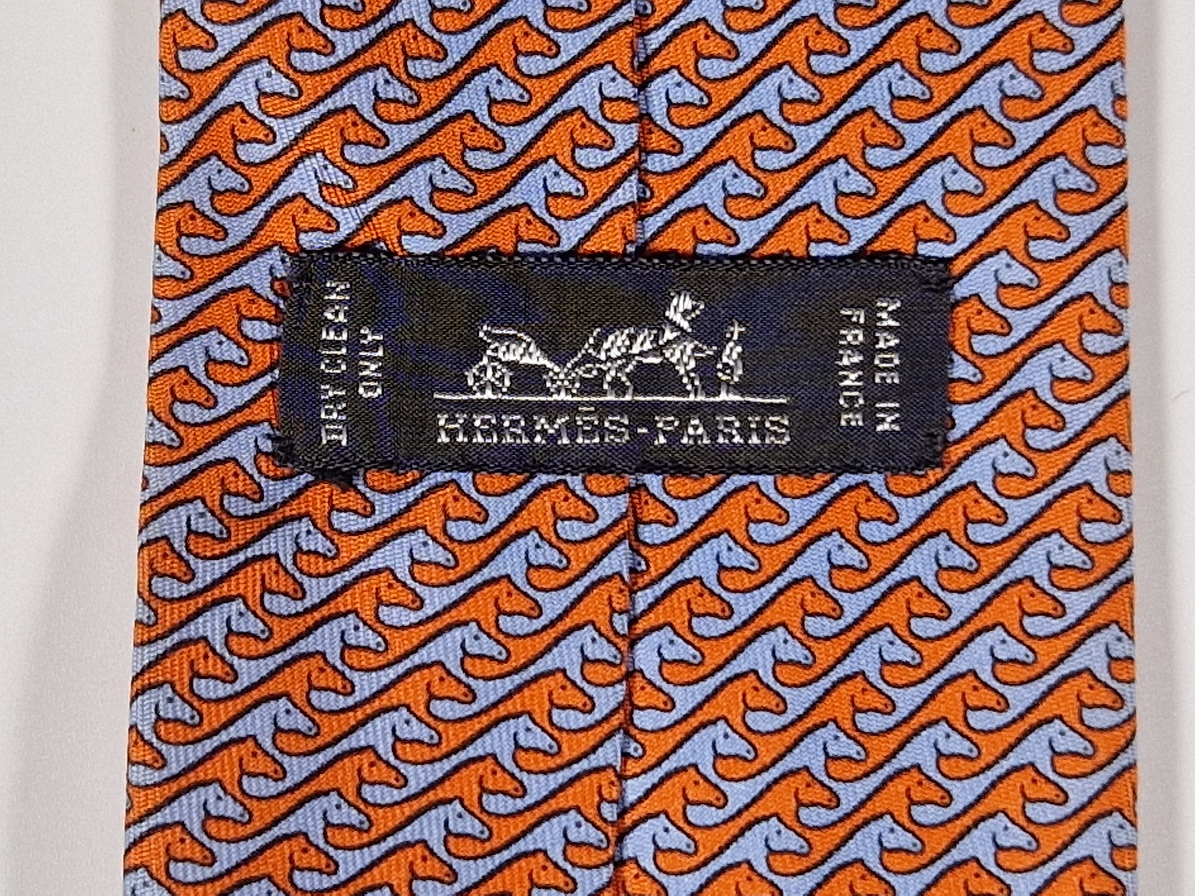 Hermès silk tie orange and blue horses 605723 HA