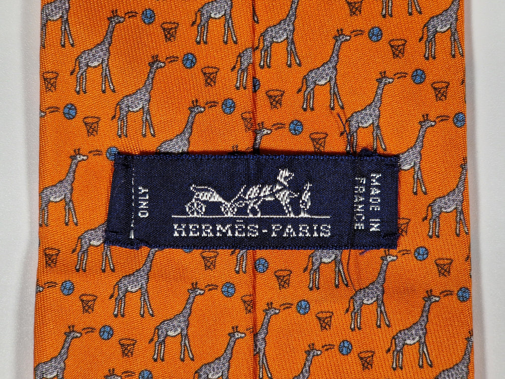 605725 Hermès tie orange Whimsical basket giraffs 605725 PA