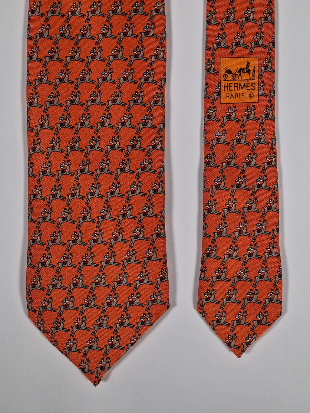 Hermès silk tie orange Jockey on lama equestrian 605726 PA