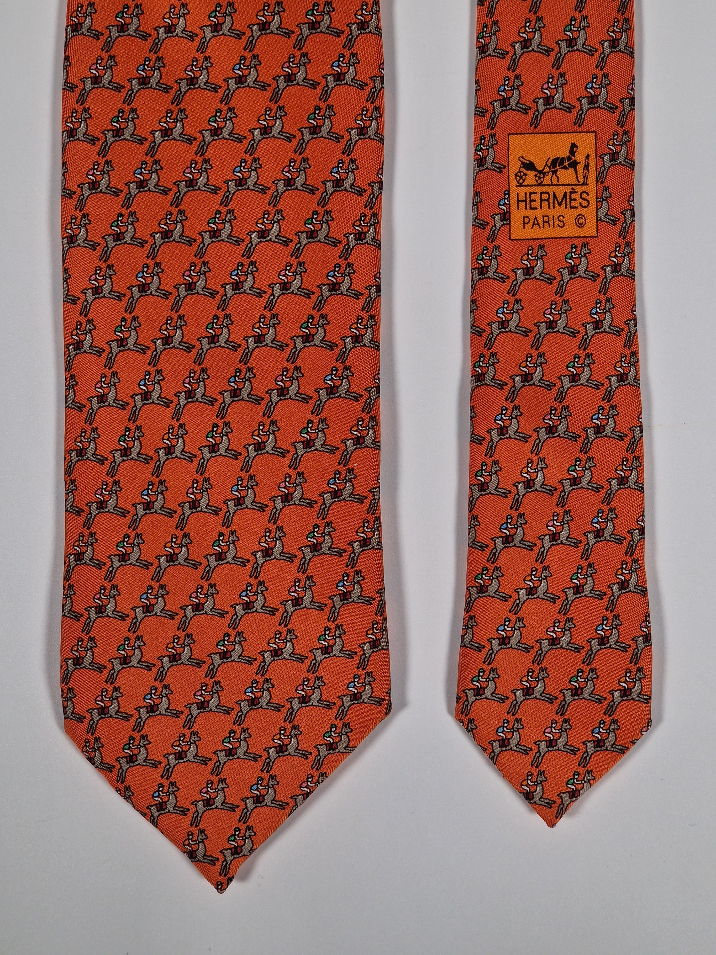 Hermès silk tie orange Jockey on lama equestrian 605726 PA