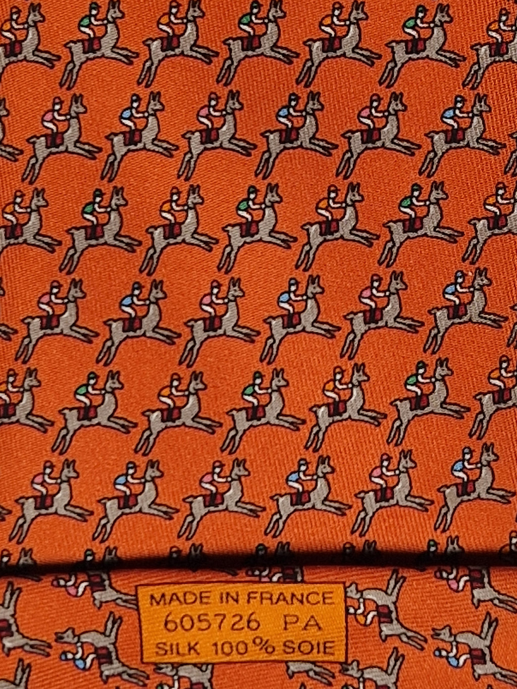 Hermès silk tie orange Jockey on lama equestrian 605726 PA