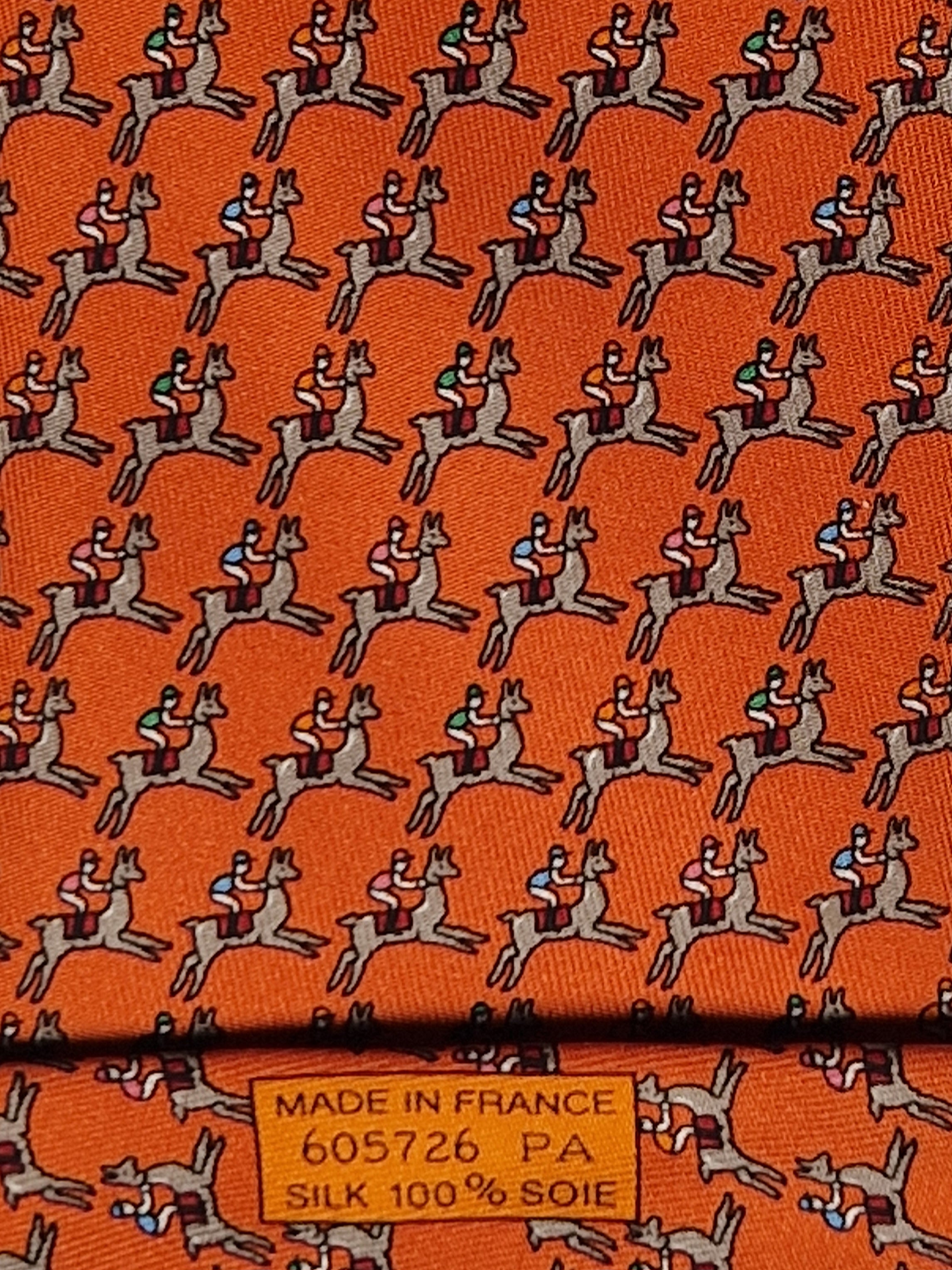 Hermès silk tie orange Jockey on lama equestrian 605726 PA
