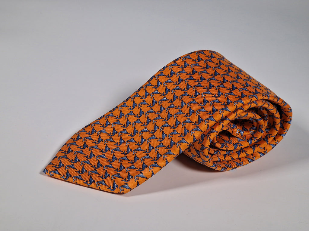 Hermès silk tie orange fish pattern Hermès 605748 HA tie orange