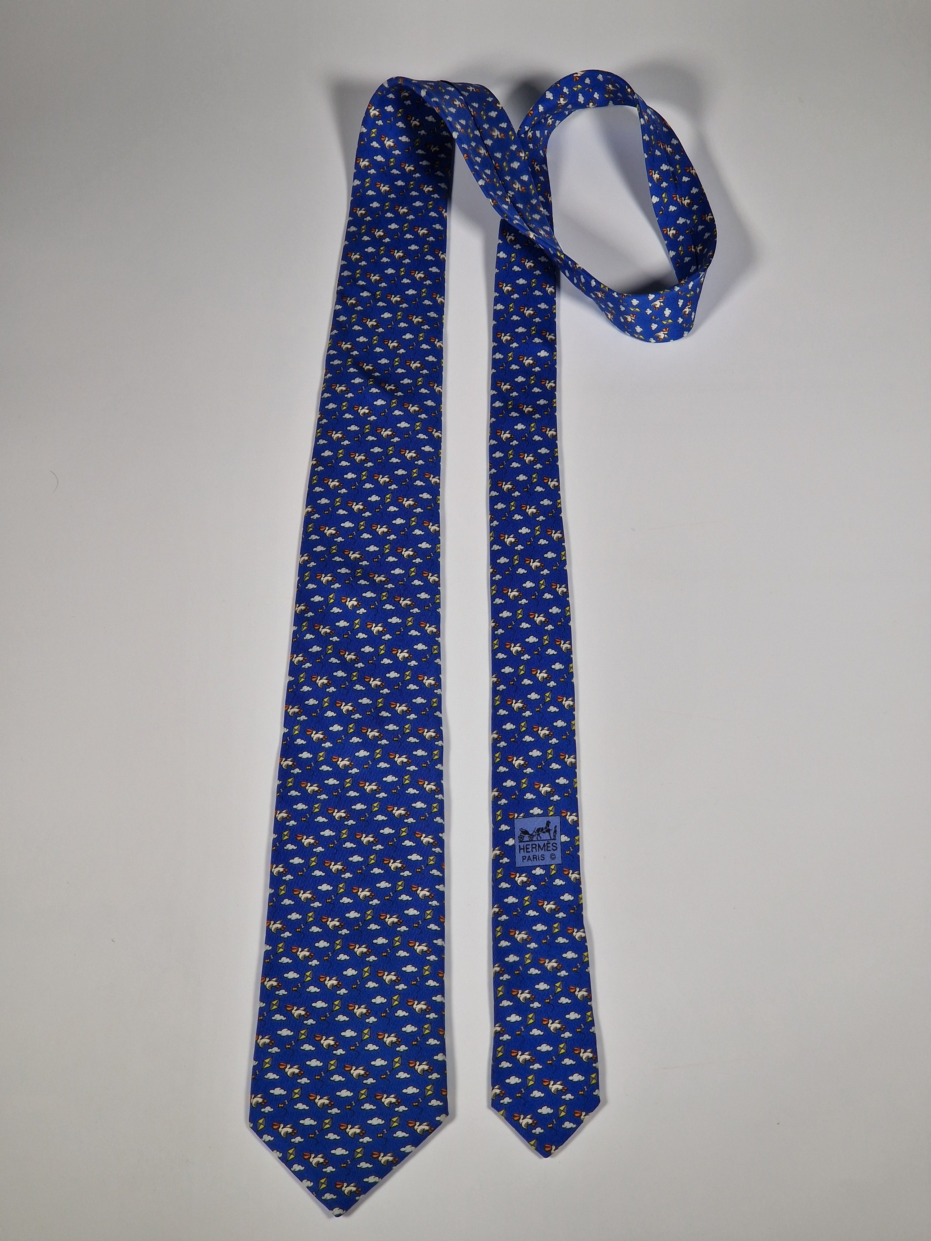 Hermès silk tie blue bird and kite whimsical pattern 605749 HA
