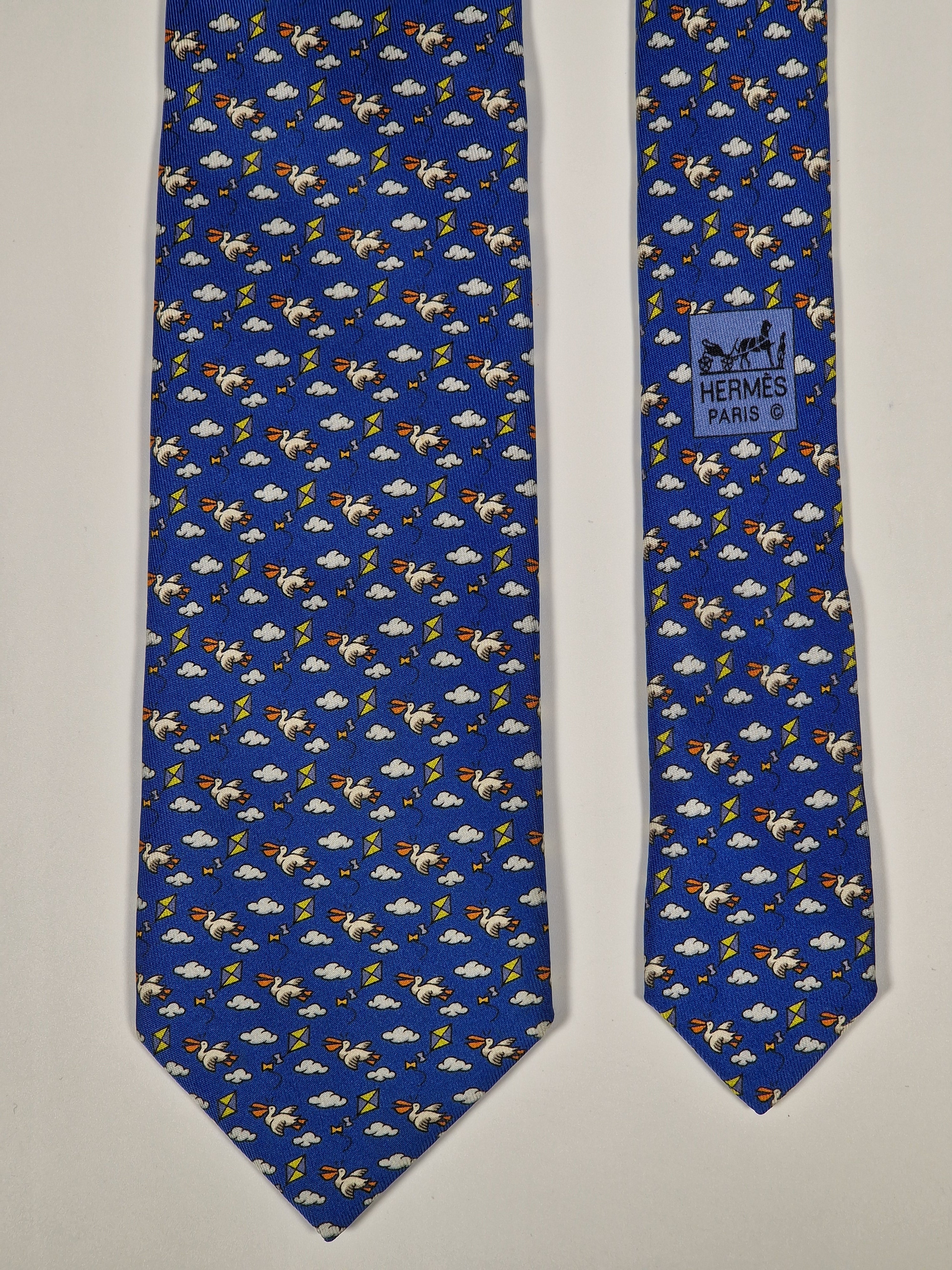 Hermès silk tie blue bird and kite whimsical pattern 605749 HA
