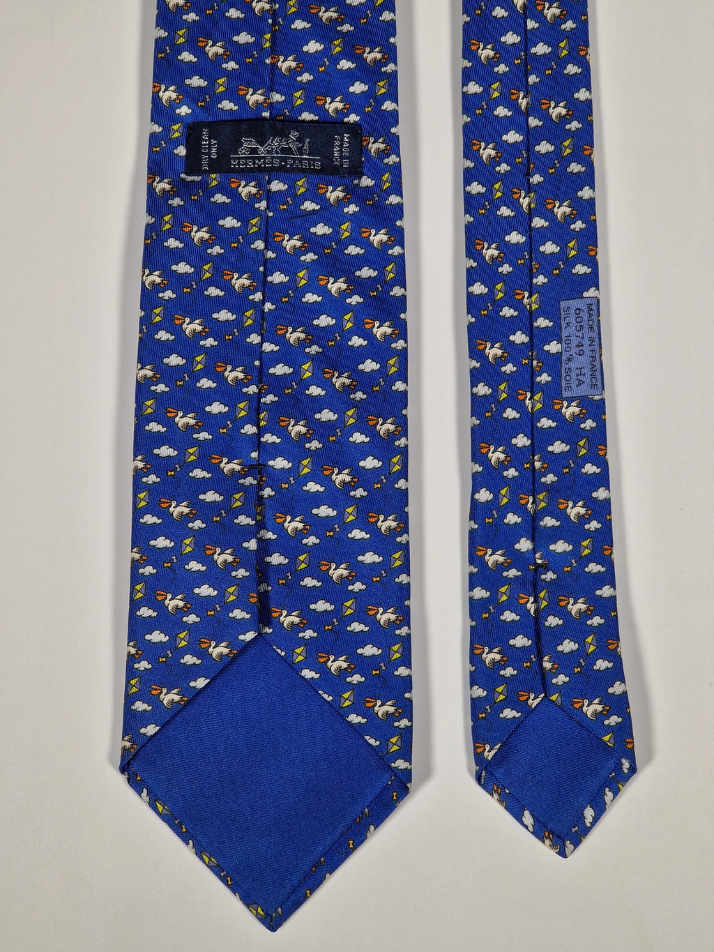 Hermès silk tie blue bird and kite whimsical pattern 605749 HA