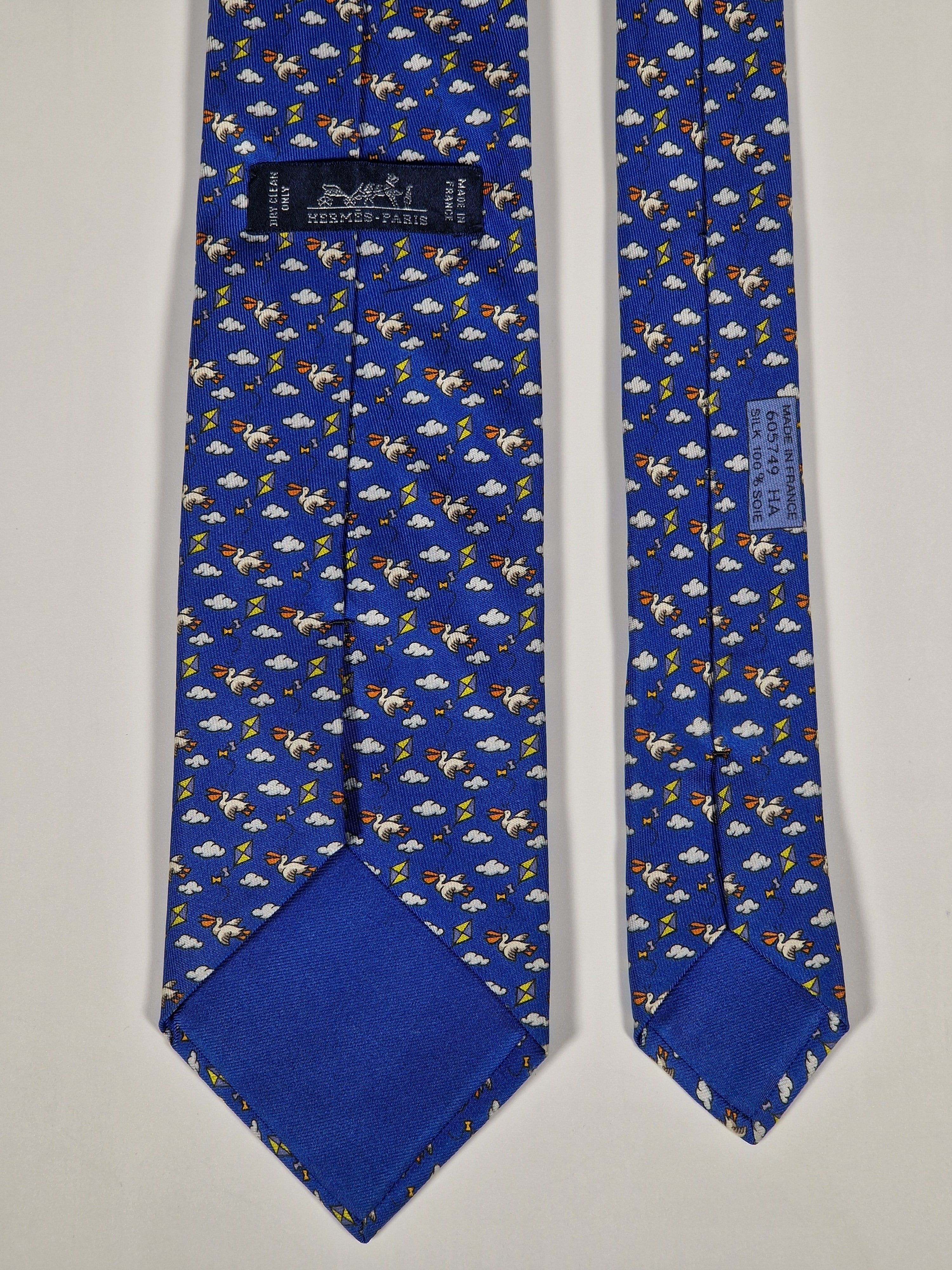 Hermès silk tie blue bird and kite whimsical pattern 605749 HA