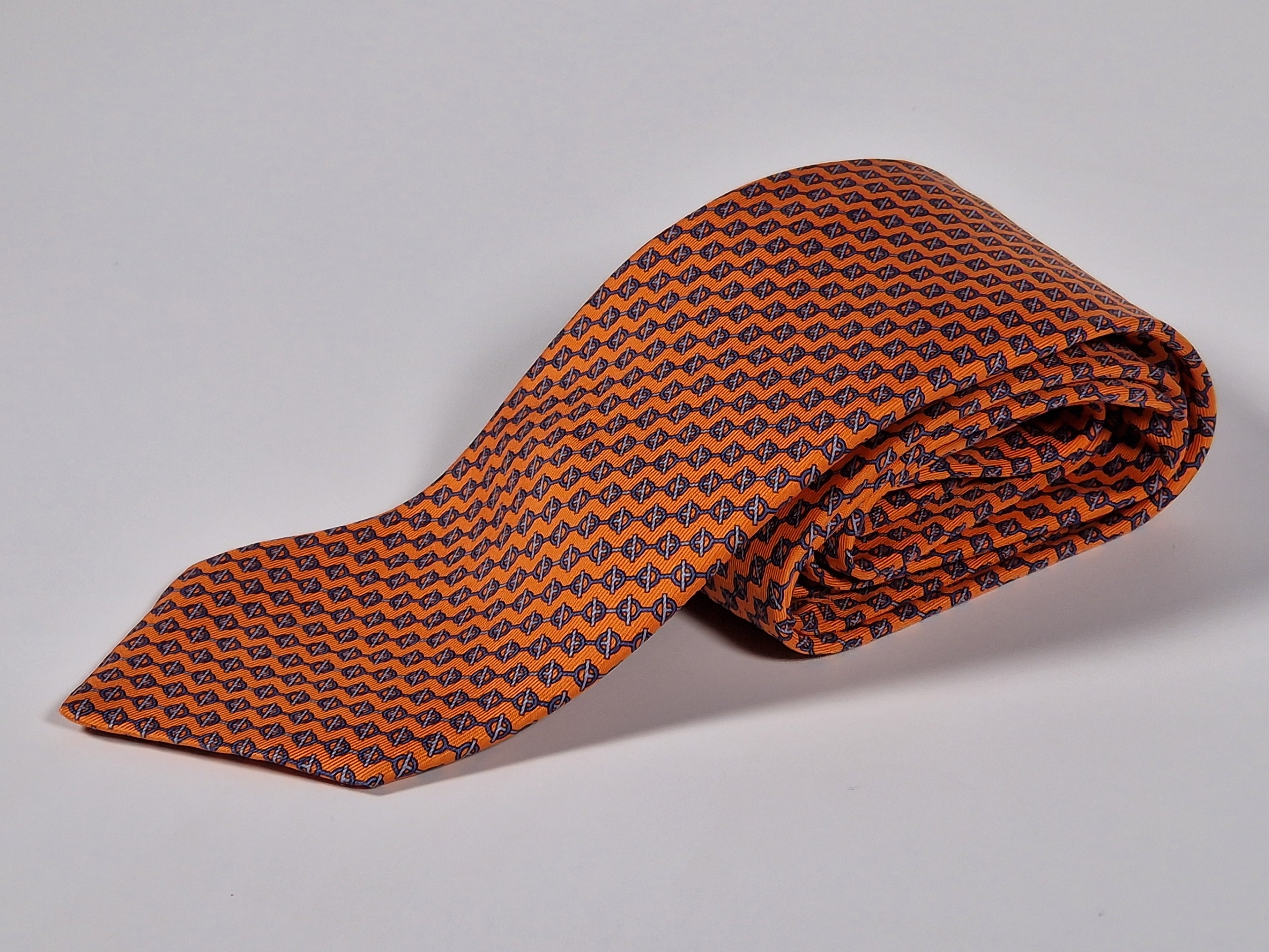 Hermès silk tie orange equestrian pattern 605778 HA